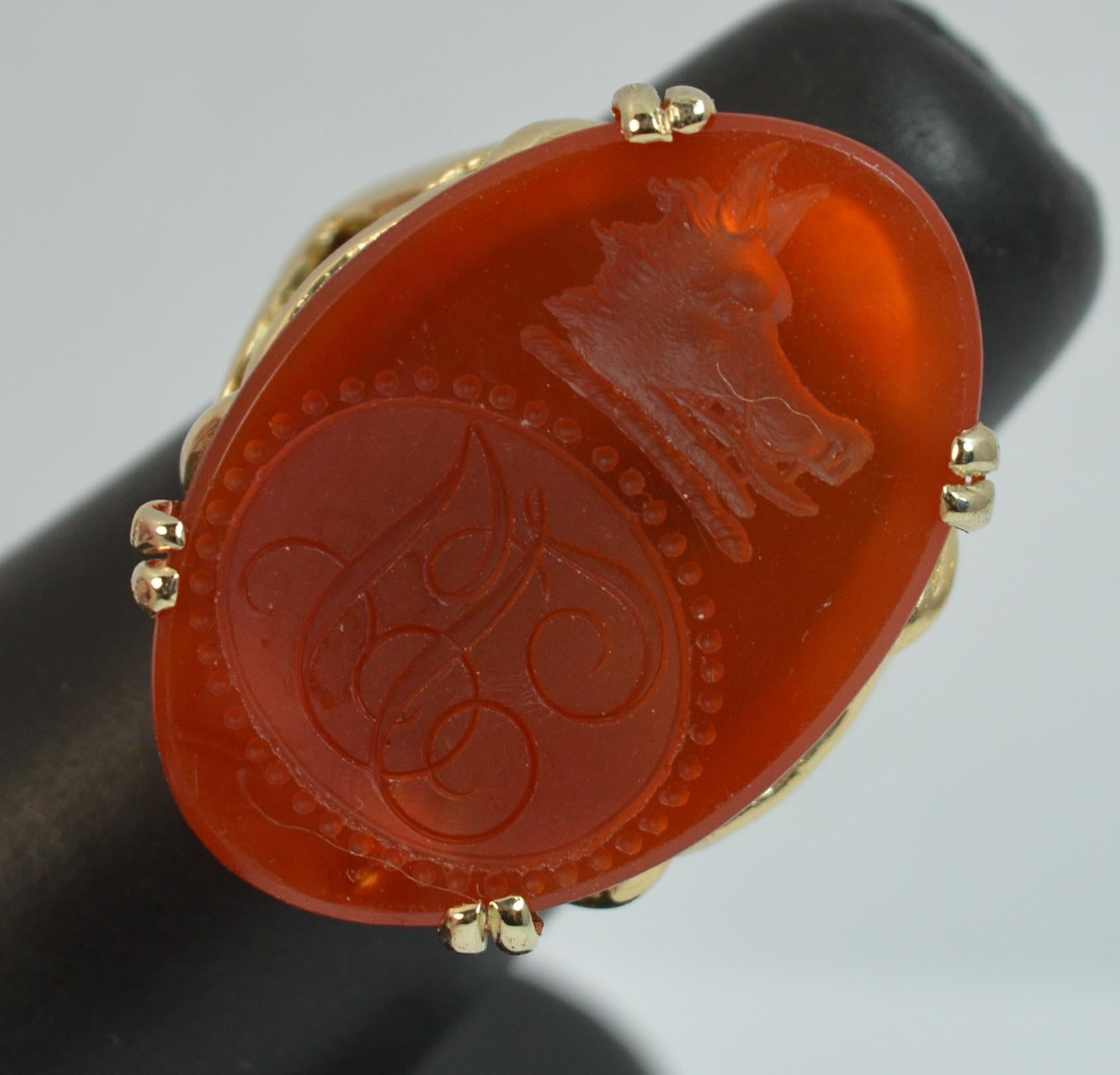 Large Wild Boar Head Carnelian Agate and 9 Carat Gold Intaglio Seal Signet Ring 6