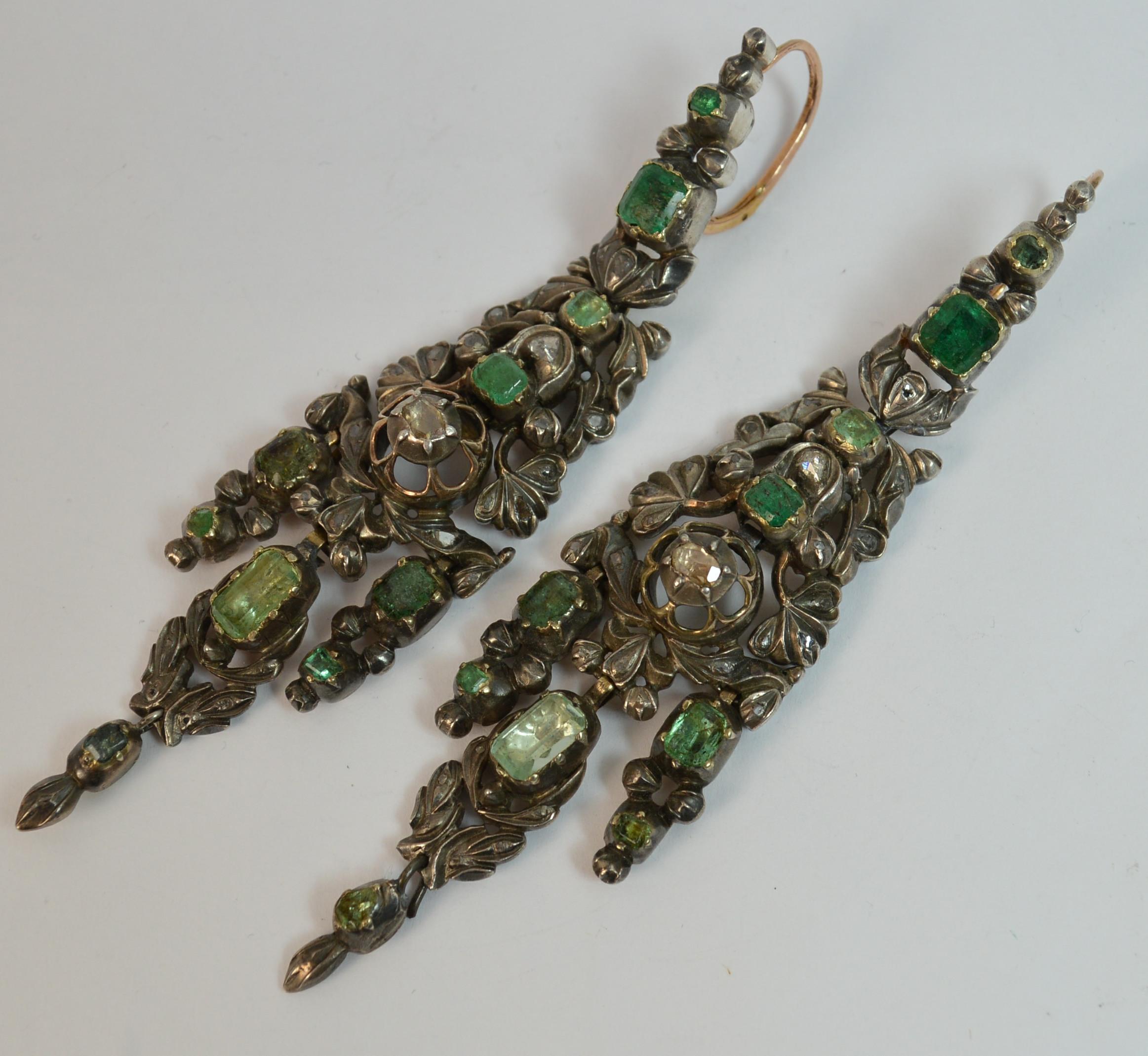 Georgian Portuguese Emerald Diamond and Rose Gold Earrings 1