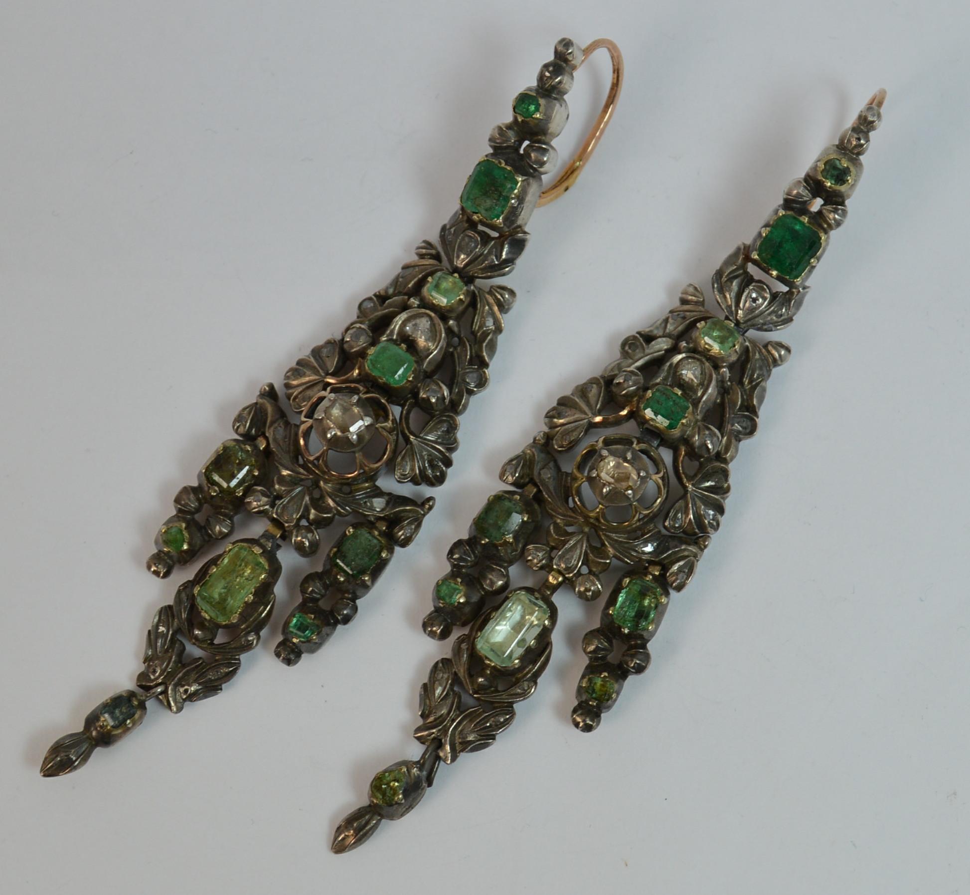 Georgian Portuguese Emerald Diamond and Rose Gold Earrings 2