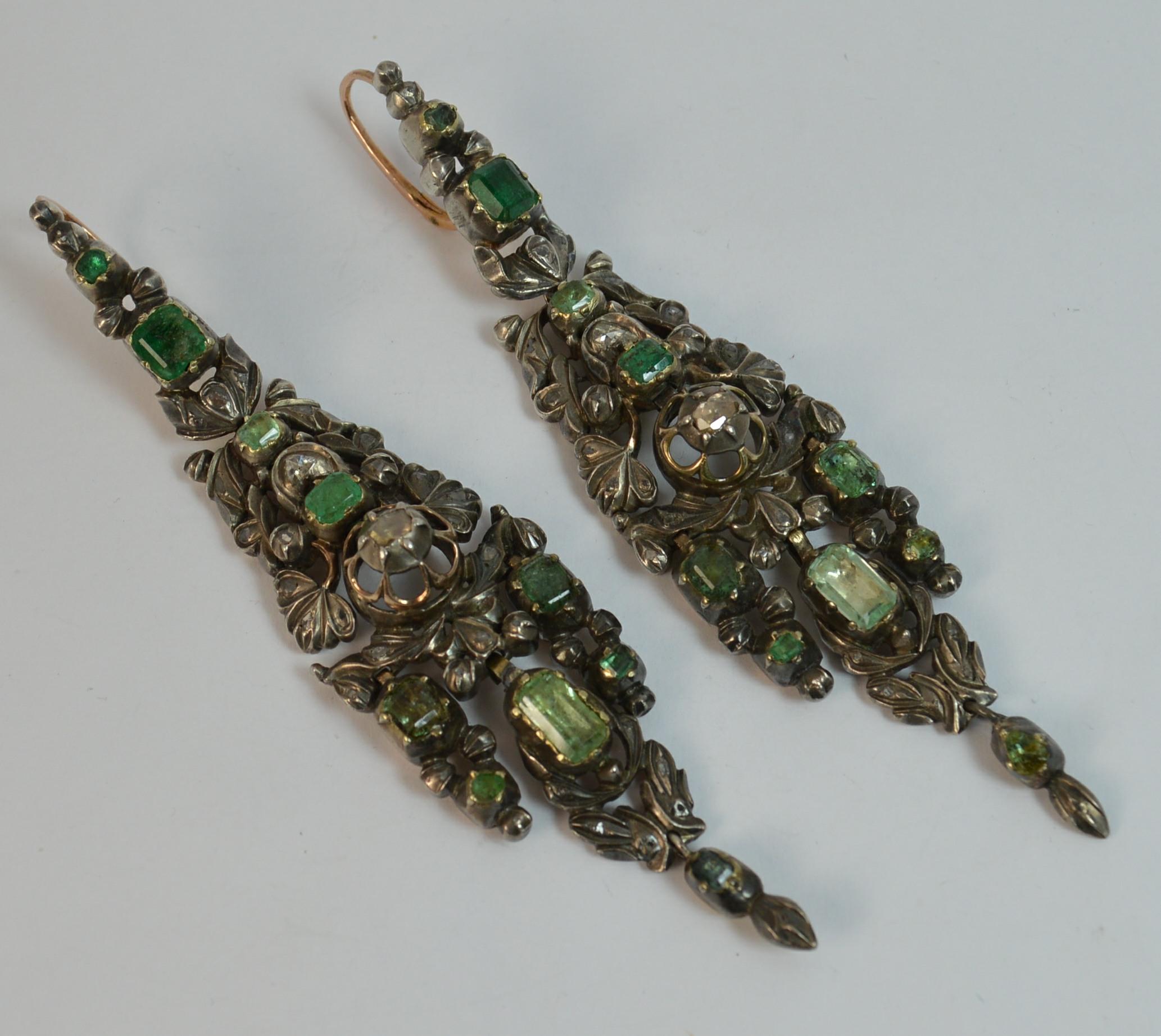Georgian Portuguese Emerald Diamond and Rose Gold Earrings 3