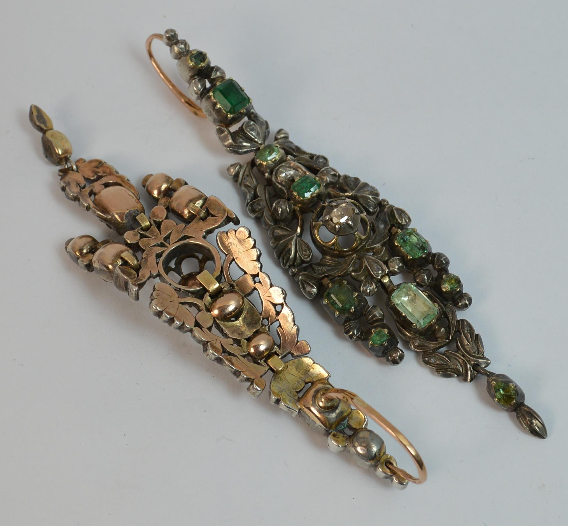 Georgian Portuguese Emerald Diamond and Rose Gold Earrings 4