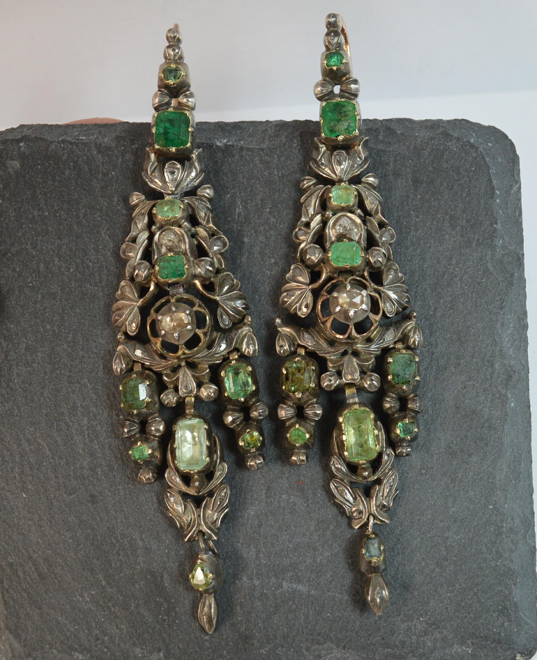 Georgian Portuguese Emerald Diamond and Rose Gold Earrings 8