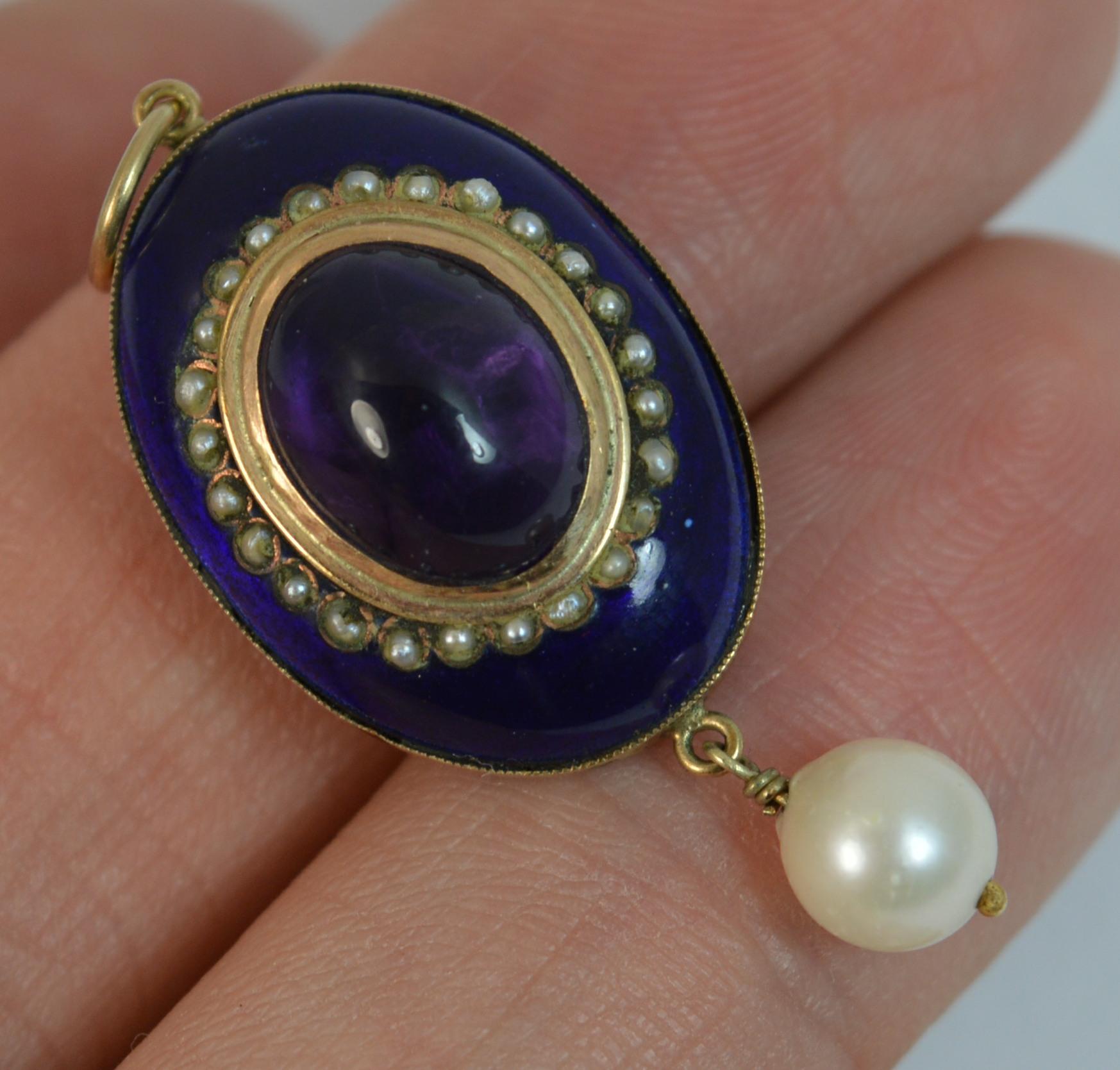 Victorian 9 Carat Rose Gold Enamel Amethyst and Seed Pearl Pendant In Good Condition In St Helens, GB