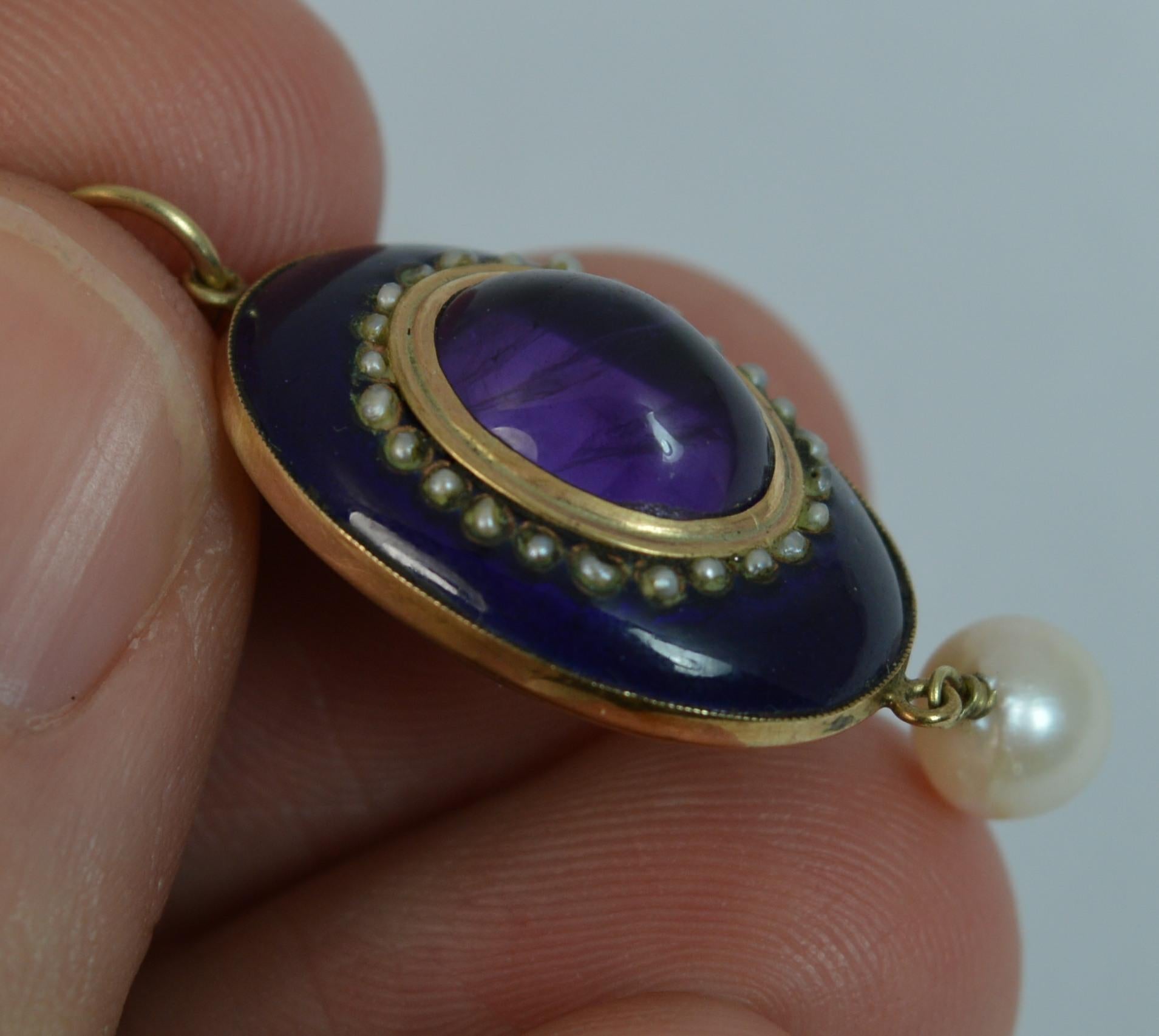Women's Victorian 9 Carat Rose Gold Enamel Amethyst and Seed Pearl Pendant