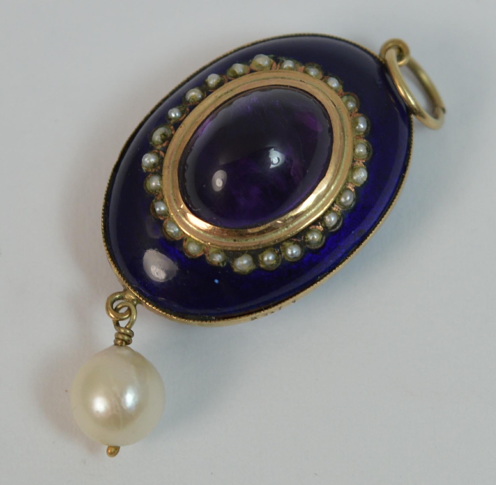 Victorian 9 Carat Rose Gold Enamel Amethyst and Seed Pearl Pendant 3