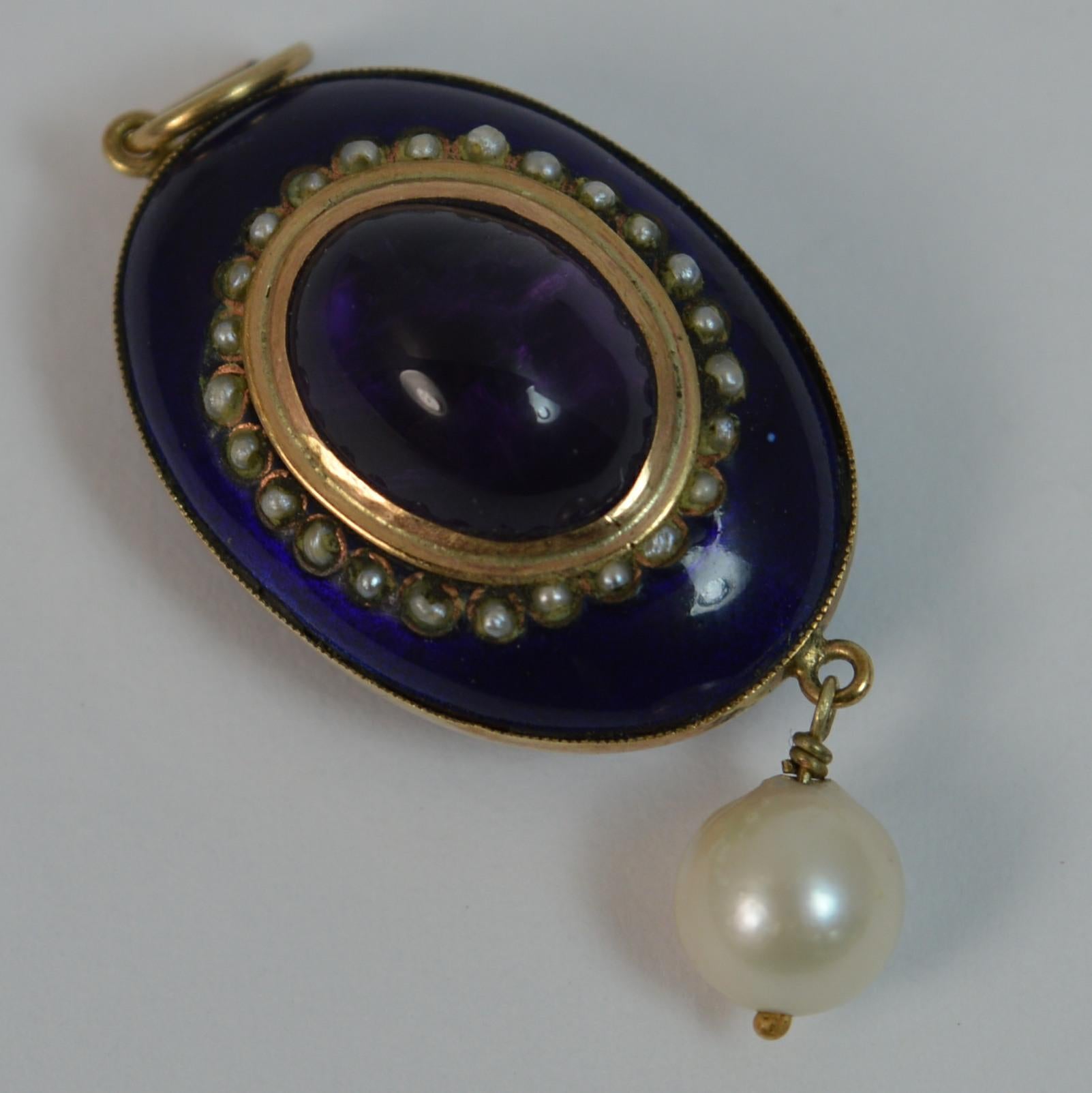 Victorian 9 Carat Rose Gold Enamel Amethyst and Seed Pearl Pendant 4