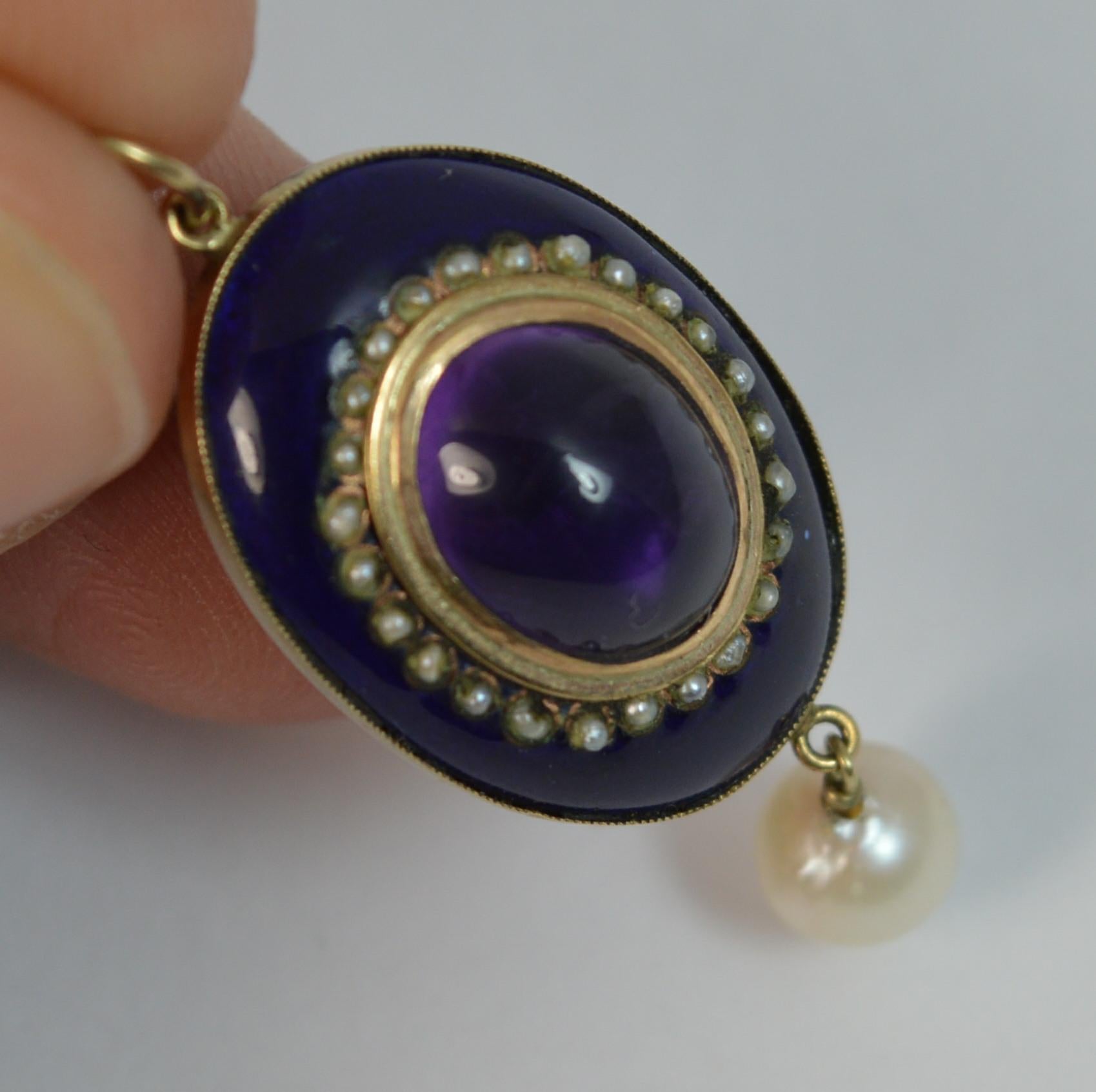 Victorian 9 Carat Rose Gold Enamel Amethyst and Seed Pearl Pendant 6