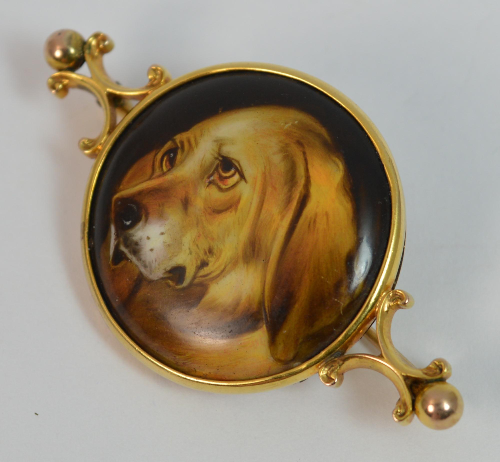 Victorian Hand Painted Spaniel Dog 15 Carat Gold Brooch 1