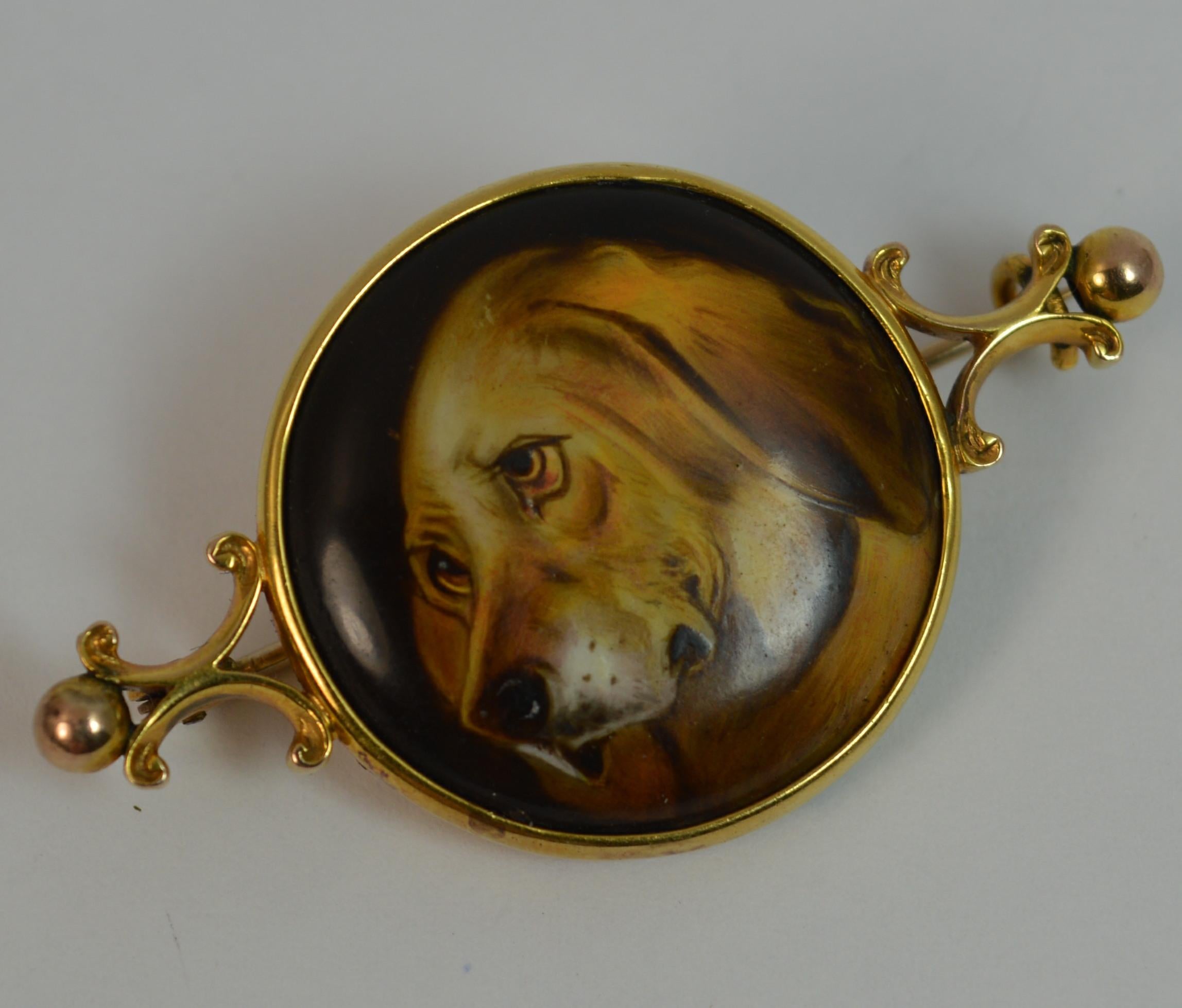 Victorian Hand Painted Spaniel Dog 15 Carat Gold Brooch 2