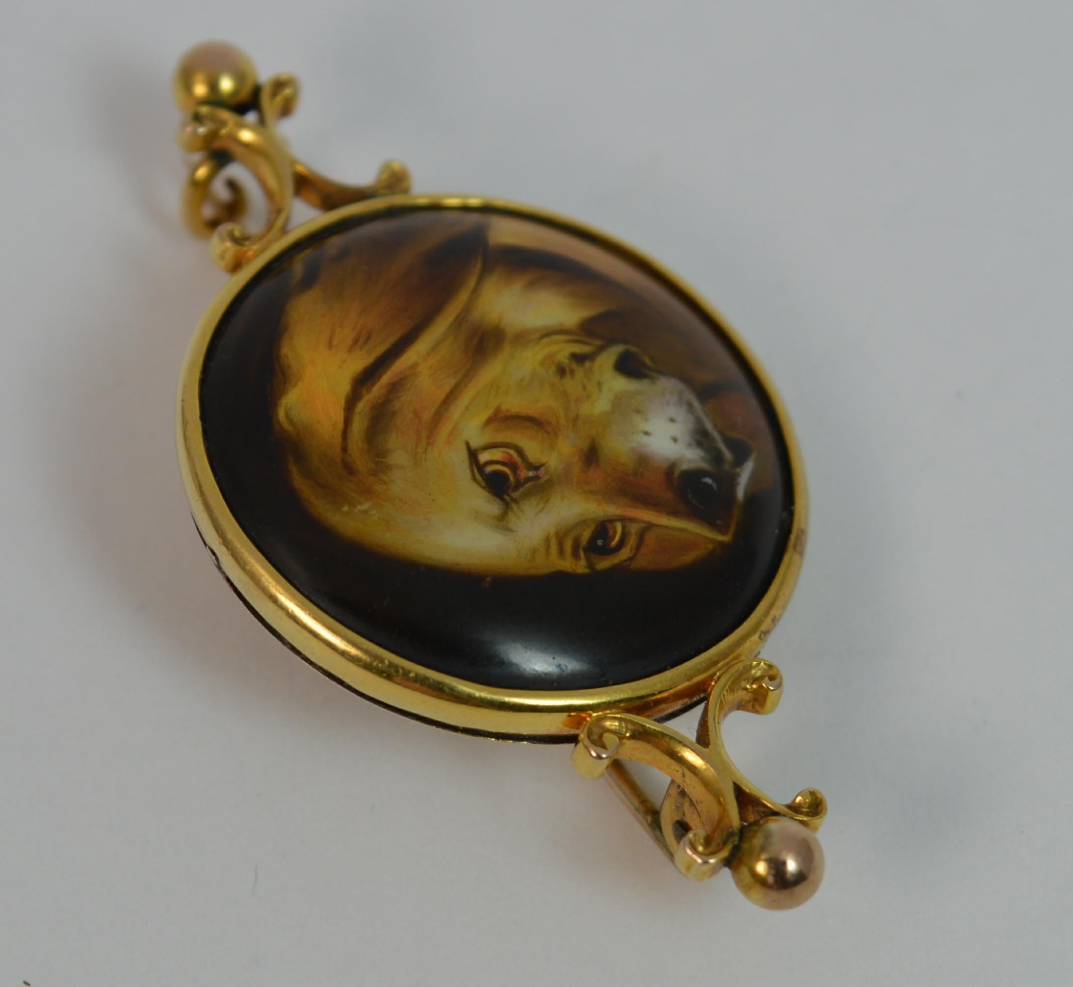 Victorian Hand Painted Spaniel Dog 15 Carat Gold Brooch 3