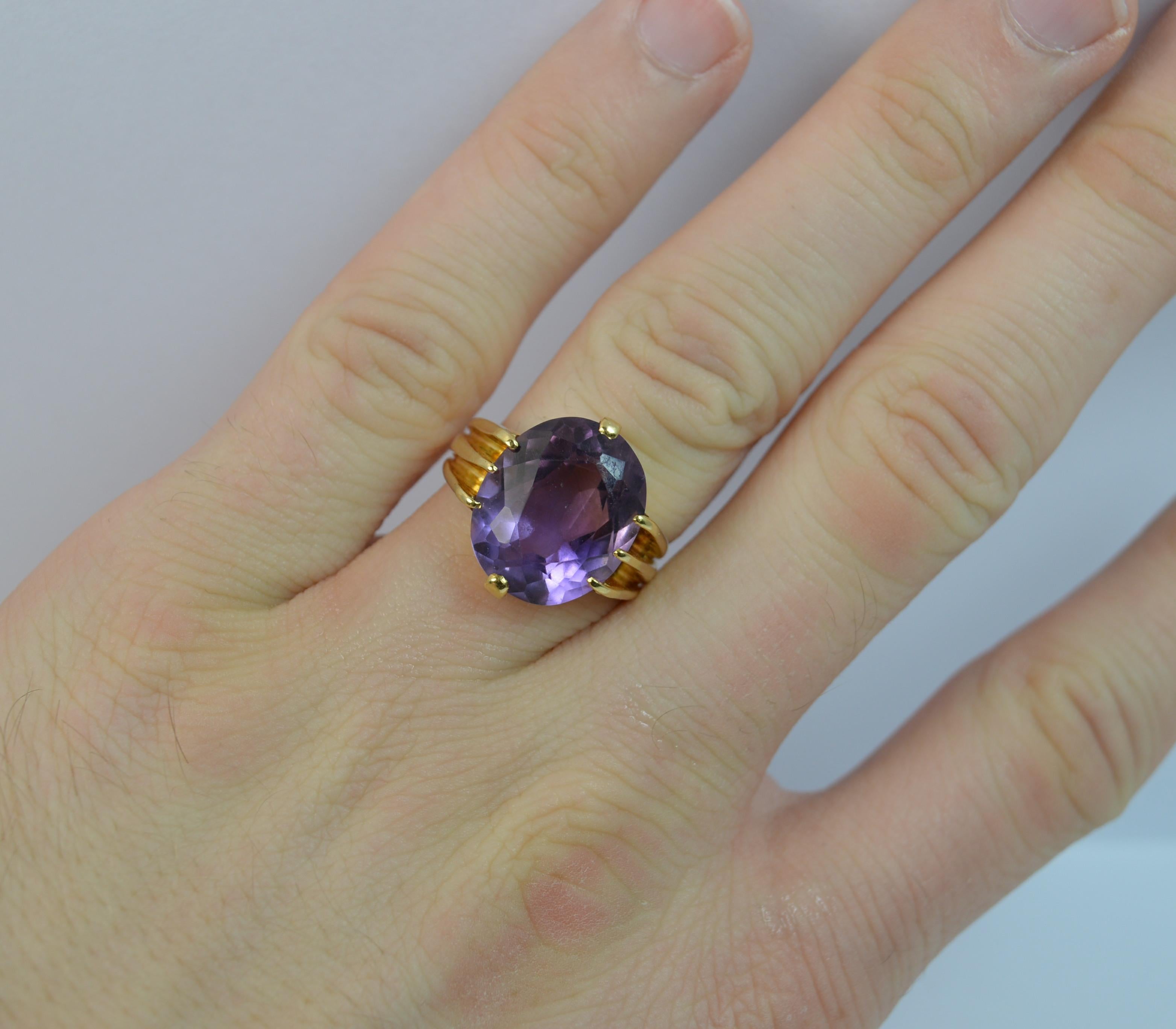 
A true Victorian period ring. 

Solid and substantial 18 carat yellow gold ring.

Set with a single oval cut amethyst to the centre in an eight claw mount. 

12mm x 15mm amethyst approx.

CONDITION ; Very good. Securely set amethyst. Clean and