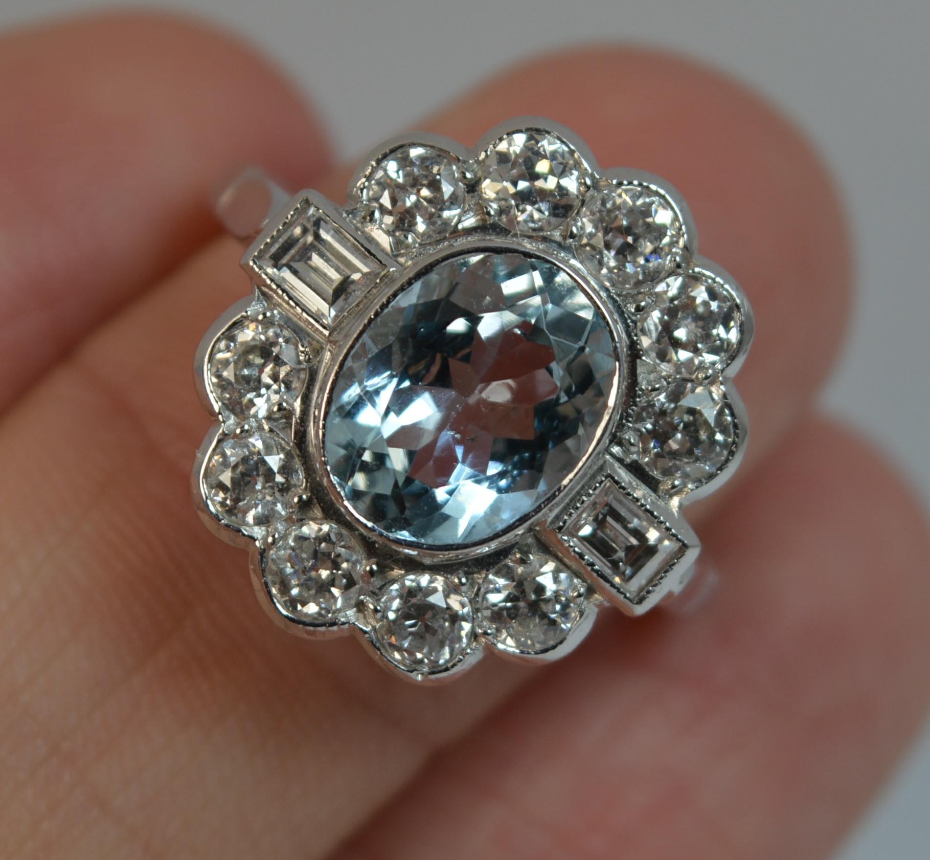 Oval Cut 18 Carat White Gold Aquamarine and 1 Carat Old Cut Diamond Cluster Ring