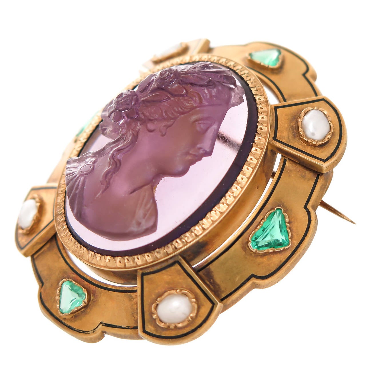Women's French Victorian Carved Amethyst Cameo Gem Set Gold  Brooch