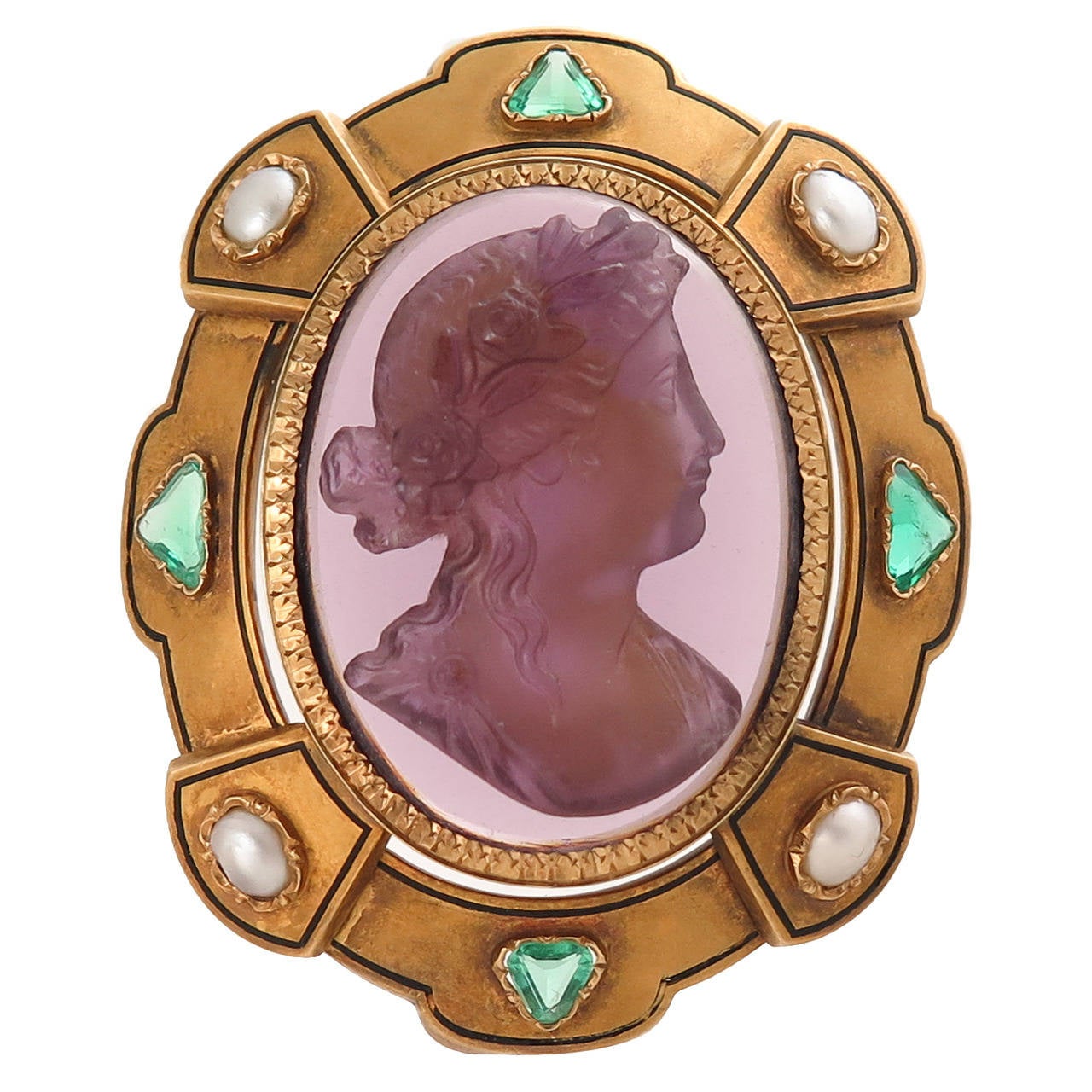 French Victorian Carved Amethyst Cameo Gem Set Gold  Brooch