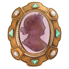 Antique French Victorian Carved Amethyst Cameo Gem Set Gold  Brooch