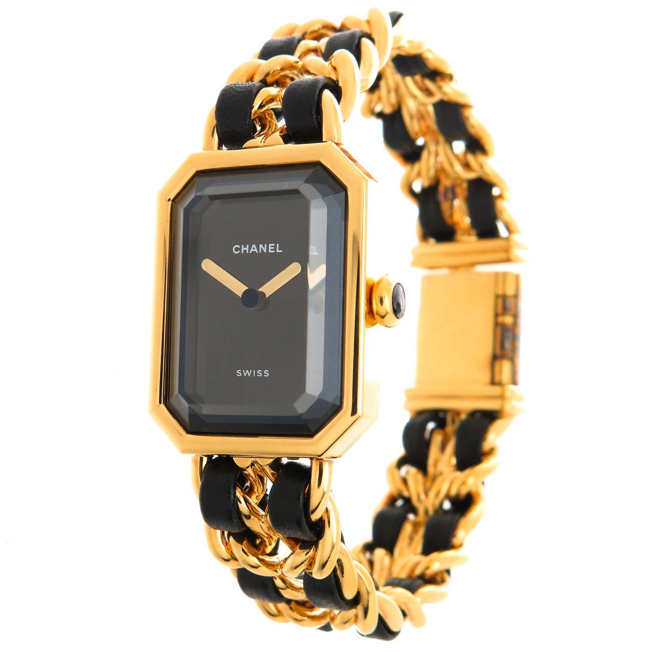 1990s Lady's Premier Wristwatch by Chanel, Gold - Plate case and Bracelet with Black Leather woven into the Bracelet links. Sapphire Glass Crystal, Quartz Movement. Total Length 6 1/2 Inches.