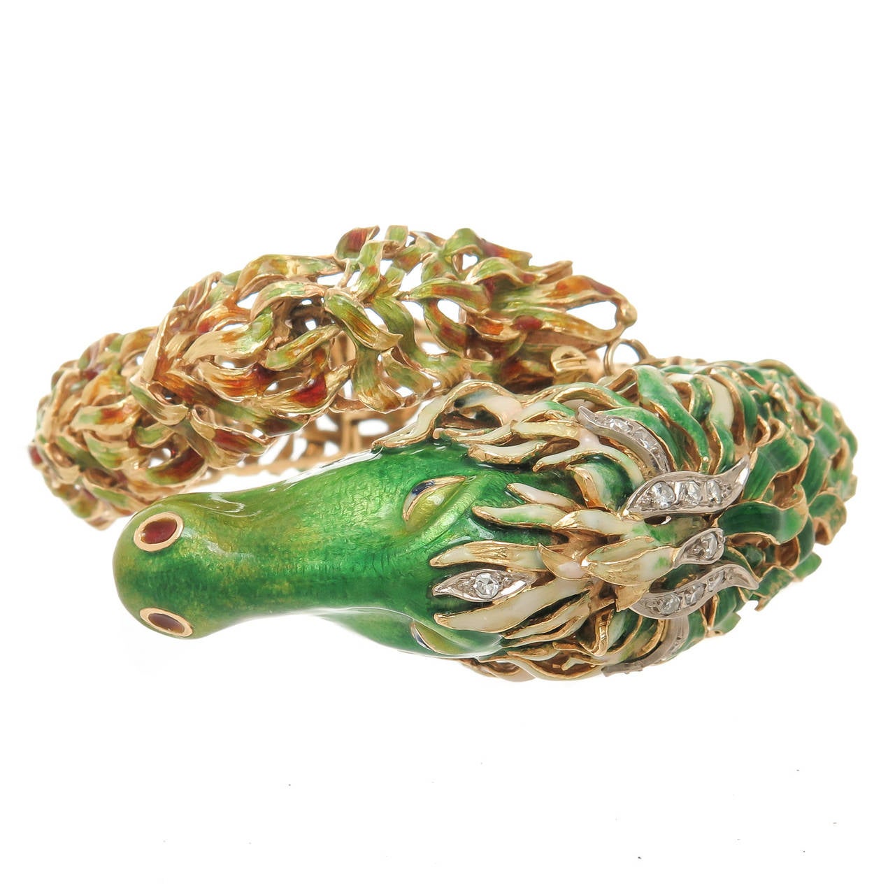 1970 Enamel Diamond Gold Sea Horse Bracelet In Excellent Condition In Chicago, IL