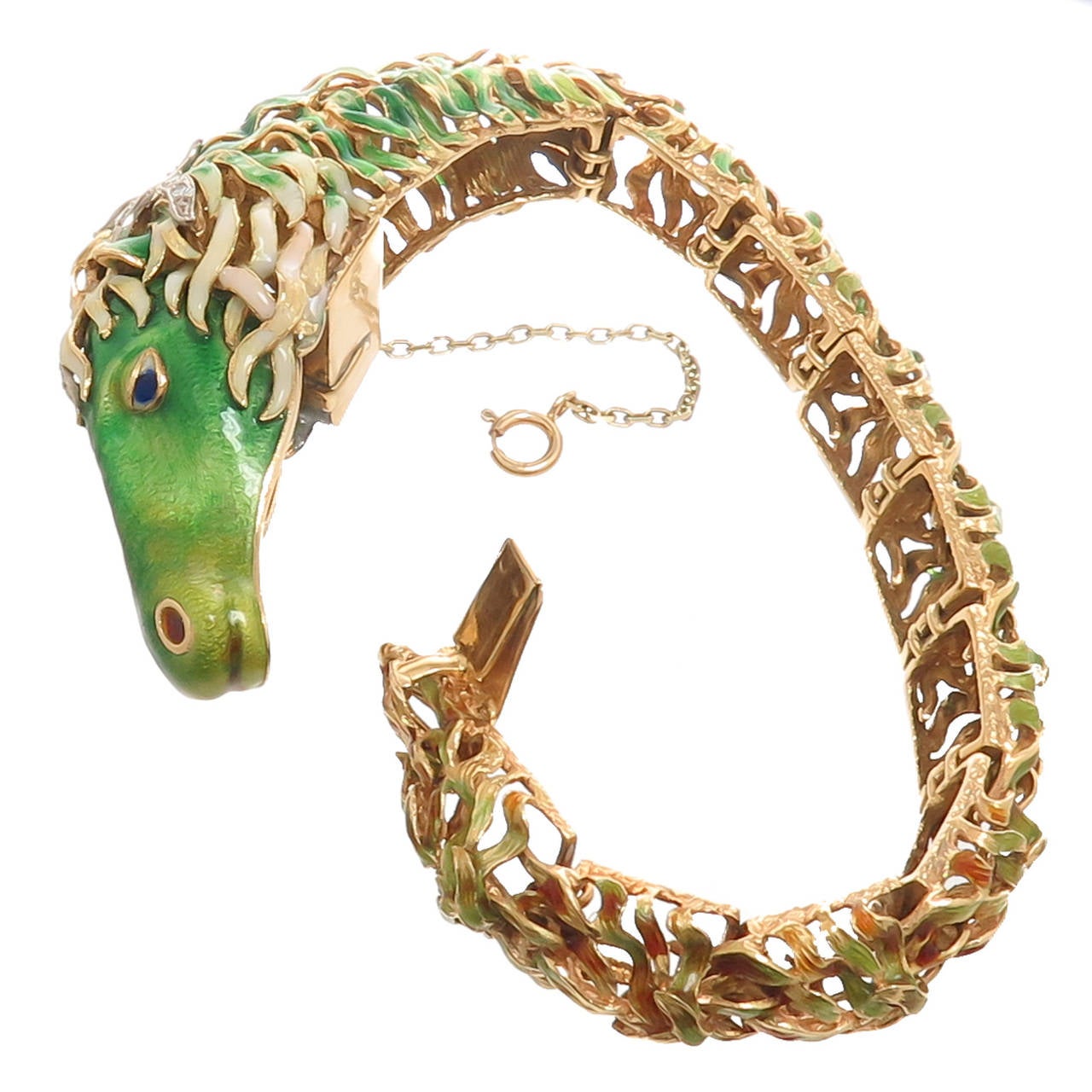 Women's 1970 Enamel Diamond Gold Sea Horse Bracelet