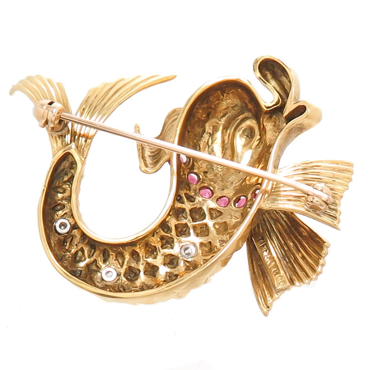 Tiffany & Co. Gem Set Ruby Diamond Gold Fish Brooch In Excellent Condition In Chicago, IL