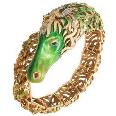 1970 Enamel Diamond Gold Sea Horse Bracelet