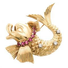 Tiffany & Co. Gem Set Ruby Diamond Gold Fish Brooch