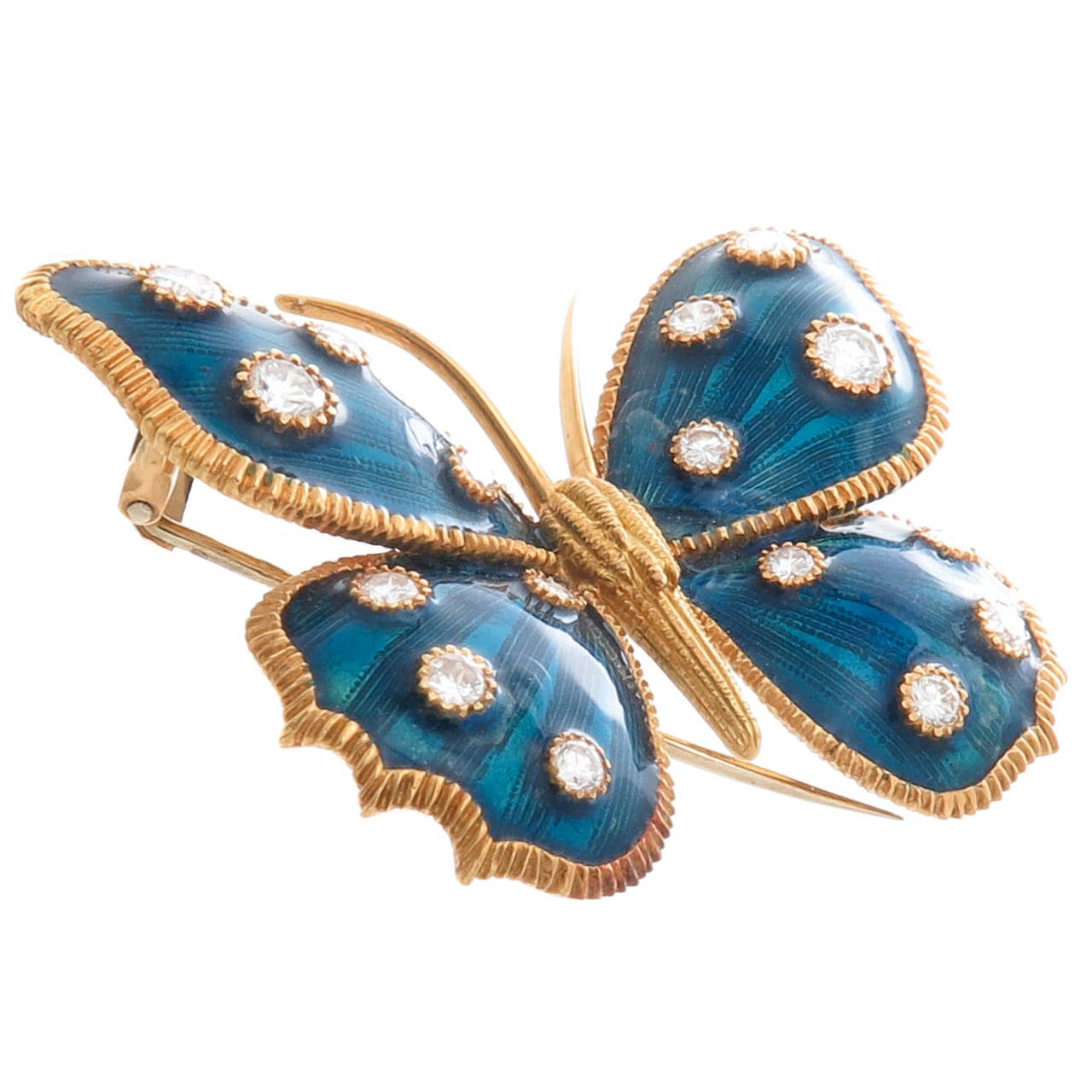 Van Cleef & Arpels Enamel Diamond Gold Butterfly Brooch In Excellent Condition In Chicago, IL