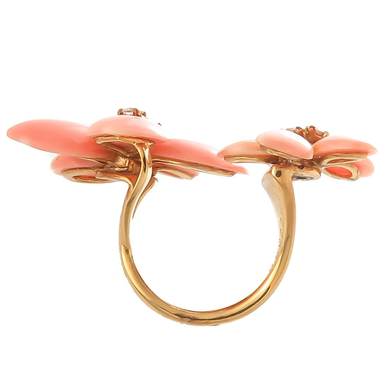 Circa 2010 Frivole Collection Ring by Van Cleef and Arpels, 18K Yellow Gold, with Coral Pedals and Further Accented with Round Brilliant cut Diamonds. Signed and Numbered, Finger size = 6, measurement across the top = 1 3/4 inch across.