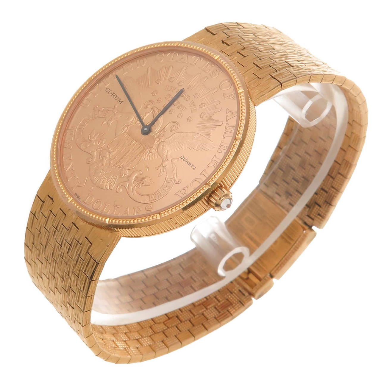 Corum gold coin wristwatch made from a US 1895 $20 Liberty coin. Quartz movement, diamond set crown and attached to a solid gold Corum brick link textured bracelet. Total length 7 1/2 inches. Very clean, seldom worn.