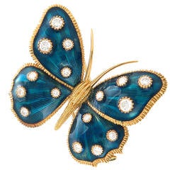 Retro Van Cleef & Arpels Enamel Diamond Gold Butterfly Brooch