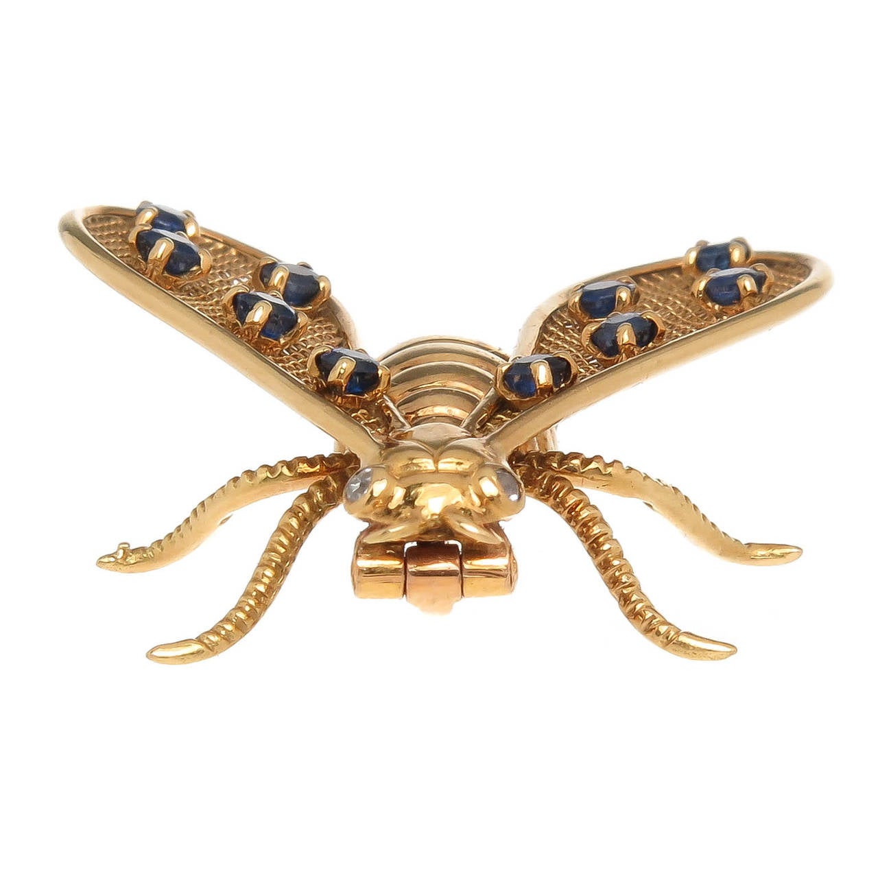 Circa 1990s Chaumet, 18K yellow Gold Bug Brooch, very Fine Detailing, Gold mesh Wings set with Round Brilliant Sapphires and further accented with Diamond Eyes. Original Chaumet Presentation box and Certificate papers.