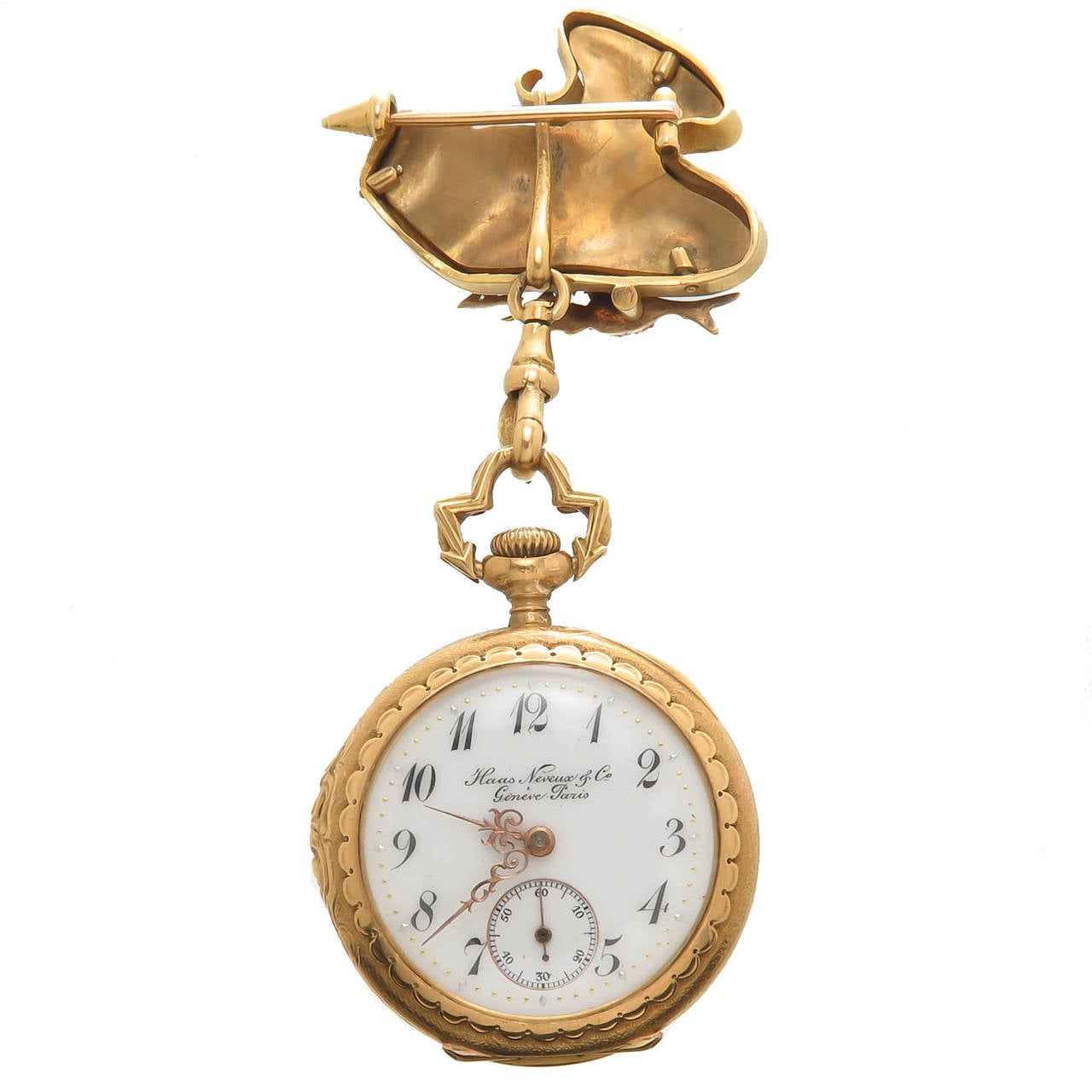 Circa 1910 very fine, Museum Quality Enamel and Gem set Lapel Watch by Haas Neveux. 18K Yellow Gold with Fine enamel, gold chasing and accented with numerous Rose cut Diamonds. Stem set Jeweled Nickel lever movement. Porcelain Dial with sunk seconds