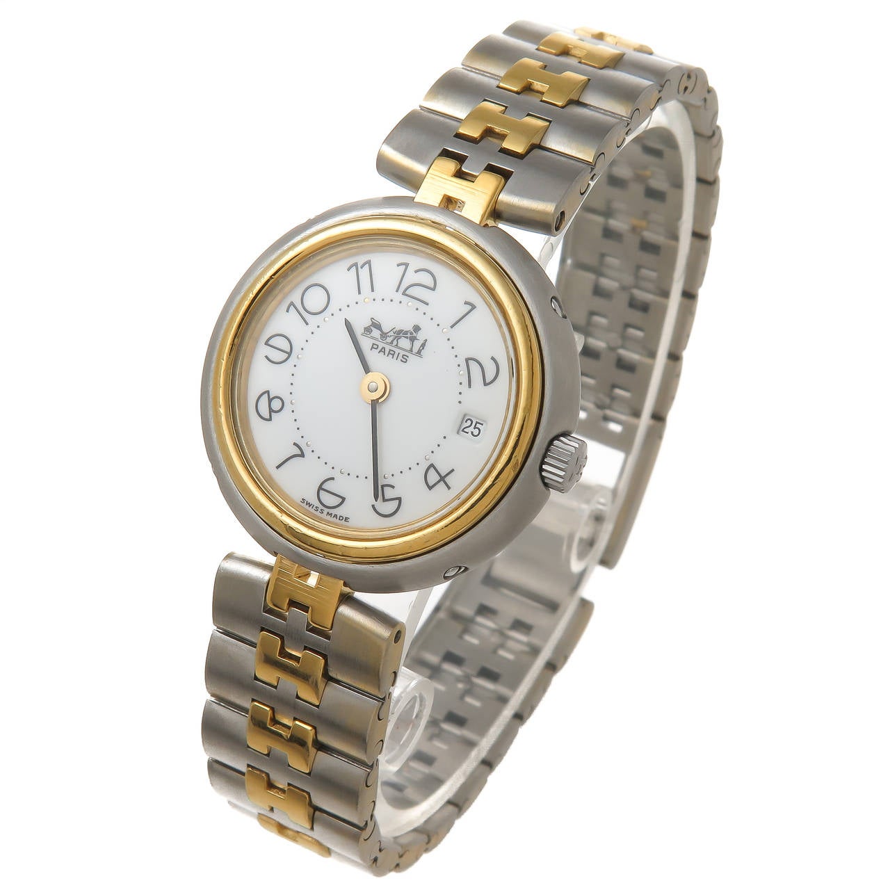 Circa 1990s Hermes Clipper lady's wristwatch, 24mm stainless steel case and bracelet with 18K gold plate accents, quartz movement, white dial with calendar window at the 3.