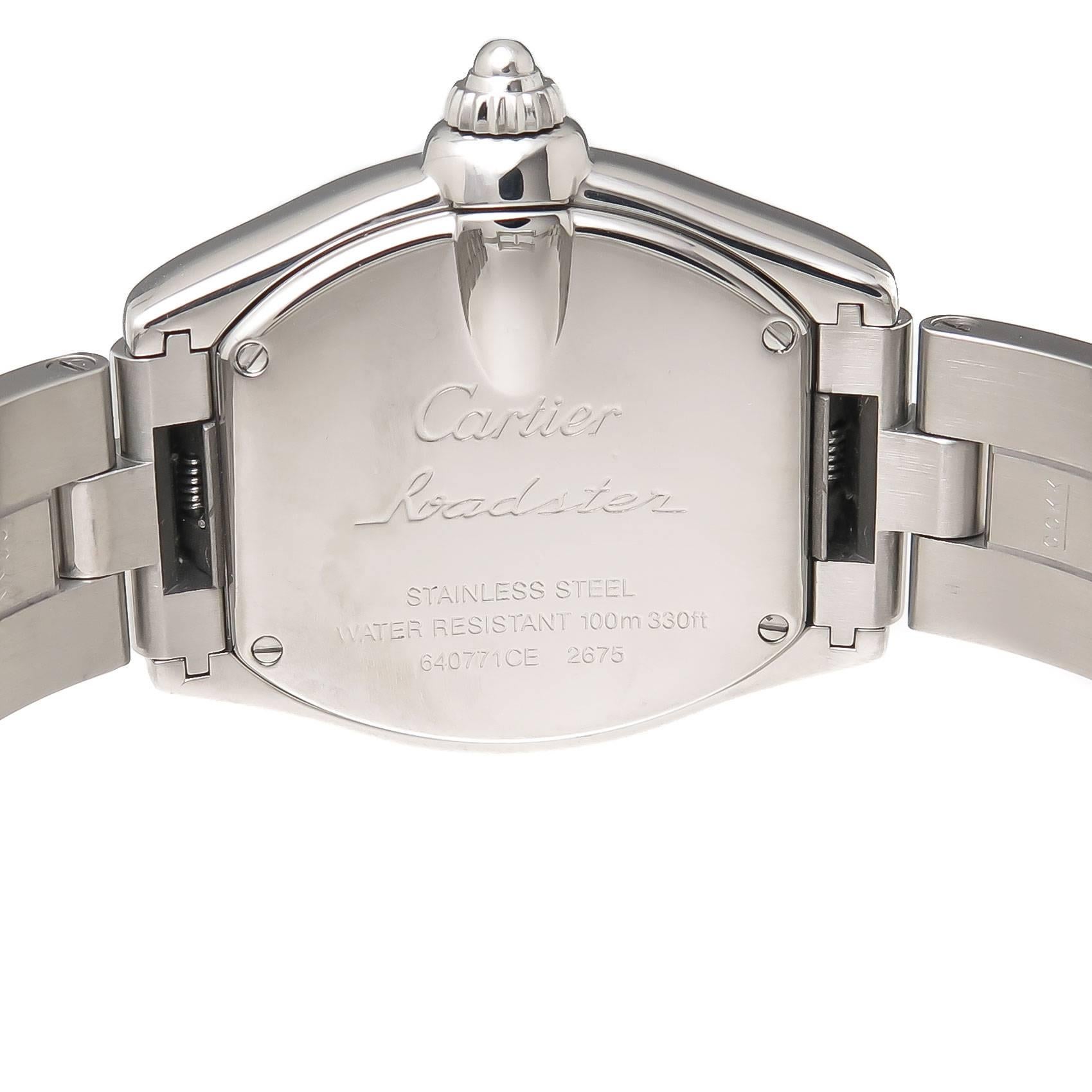 Circa 2010 Cartier Roadster, 36 X 30 MM Water Resistant Case, Quartz movement, silvered engine turned dial with Calendar window at the 3,  scratch resistant Sapphire glass crystal. steel 2 tone finish bracelet with deployment clasp, total length 6