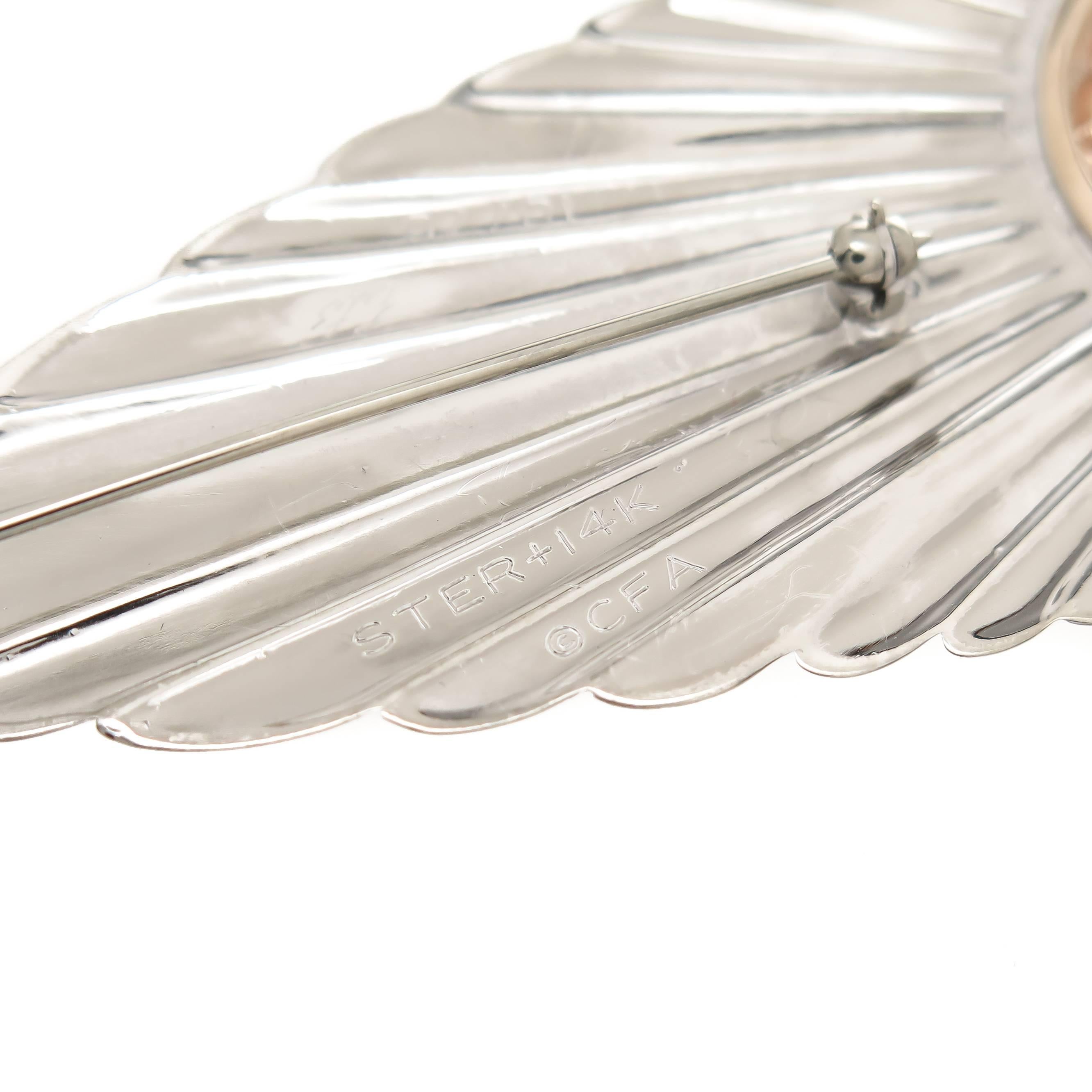 Art Deco Erte Gem Set Silver Gold Feather Brooch