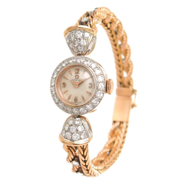 Omega Lady's Rose Gold Diamond Wristwatch at 1stDibs