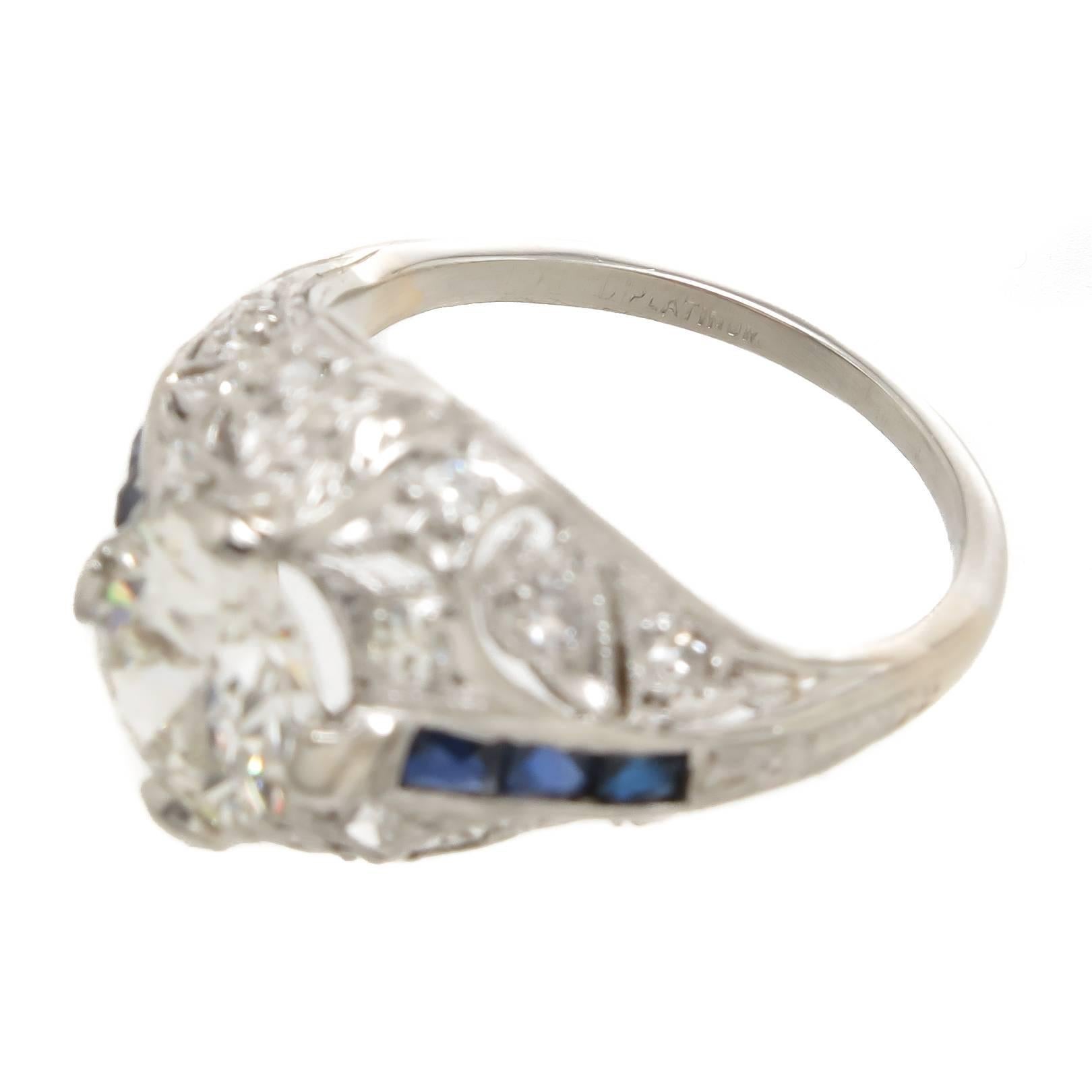 1930s 1.27 Carat Diamond Sapphire Platinum Engragement Ring  In Excellent Condition In Chicago, IL