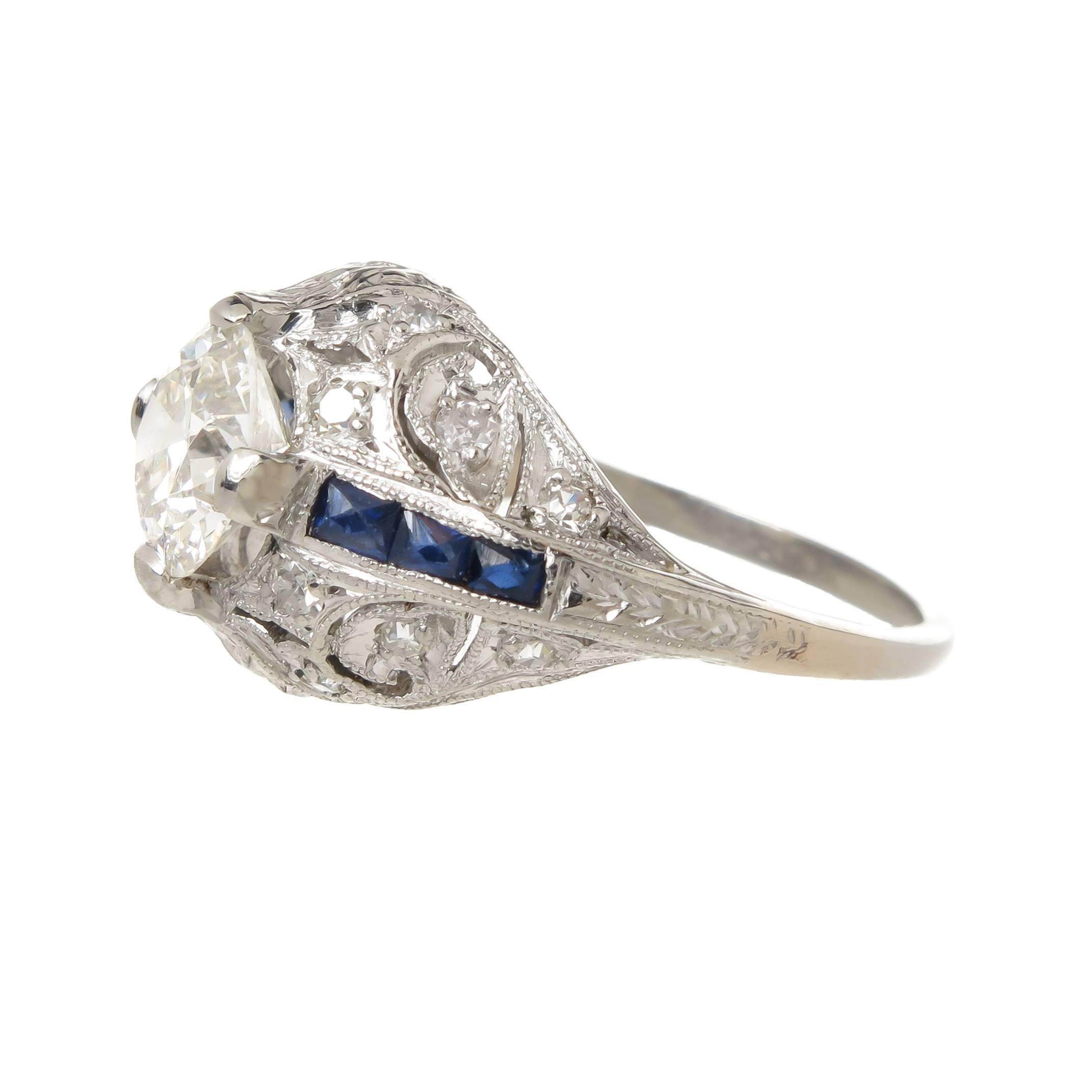 Art Deco 1930s 1.27 Carat Diamond Sapphire Platinum Engragement Ring 
