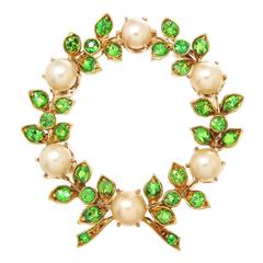 Antique Demantoid Garnet Pearl Gold Wreath Pin Pendant