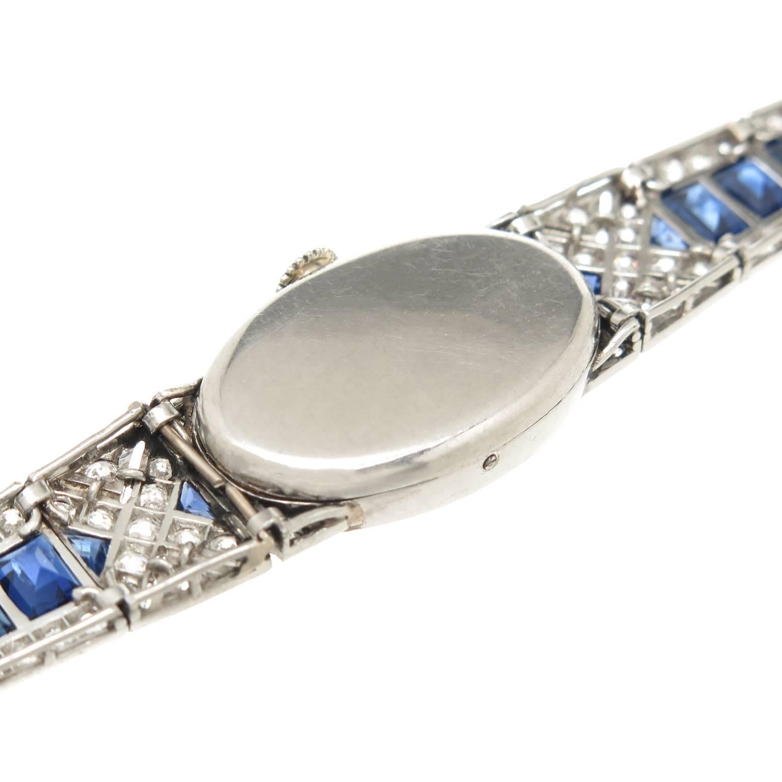 French Lady's Art Deco Sapphire Diamond Platinum Bracelet Wristwatch 1