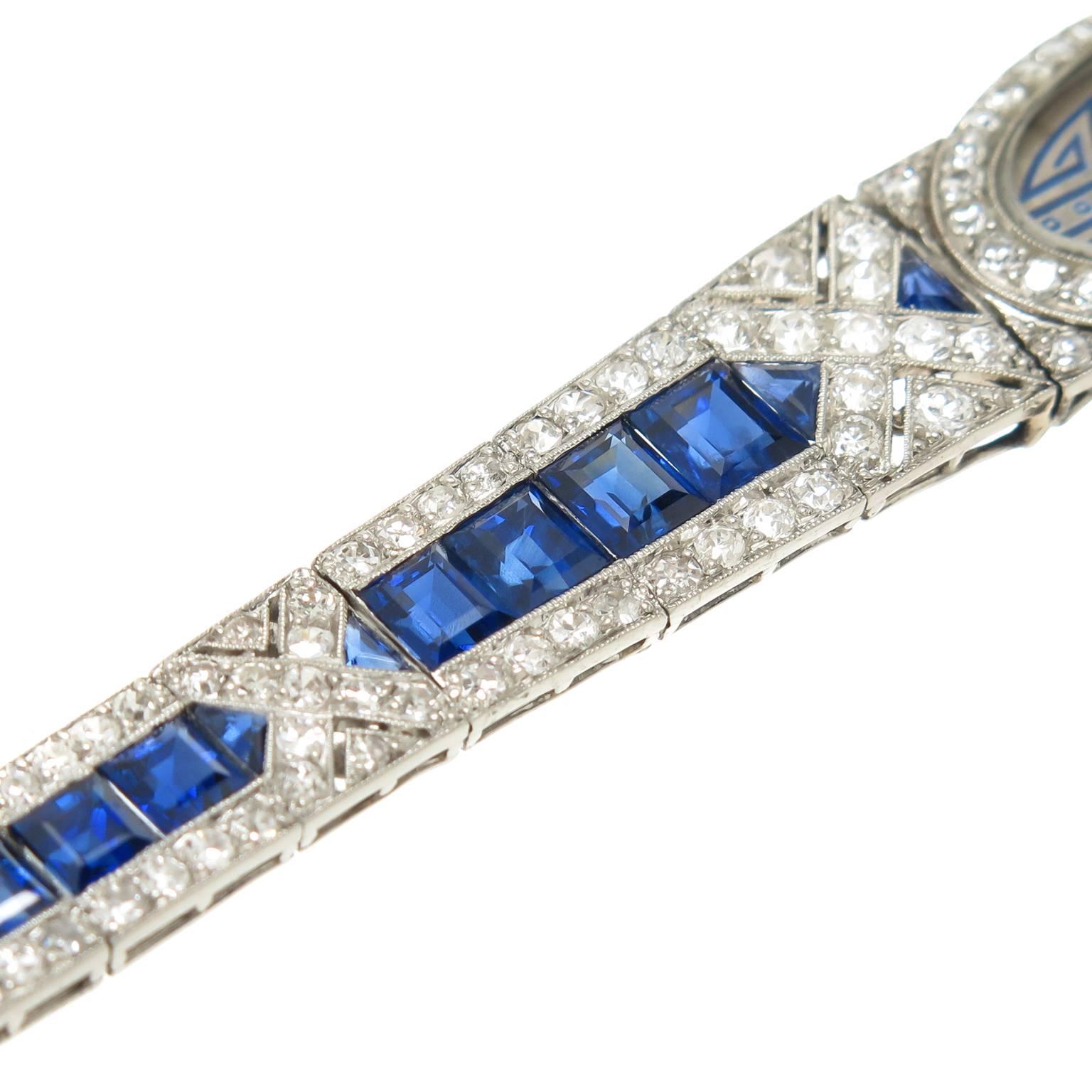 French Lady's Art Deco Sapphire Diamond Platinum Bracelet Wristwatch In Excellent Condition In Chicago, IL