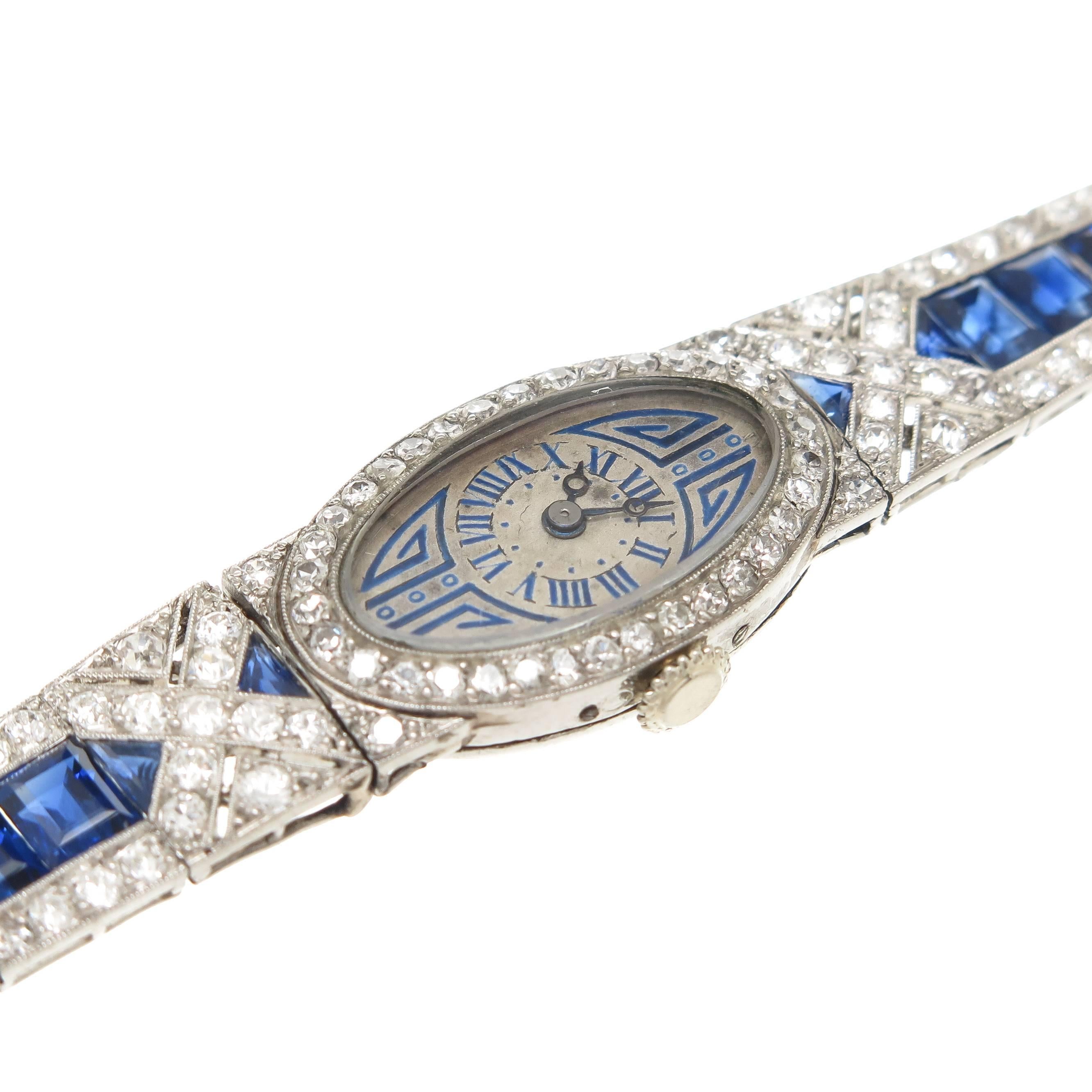 Women's French Lady's Art Deco Sapphire Diamond Platinum Bracelet Wristwatch