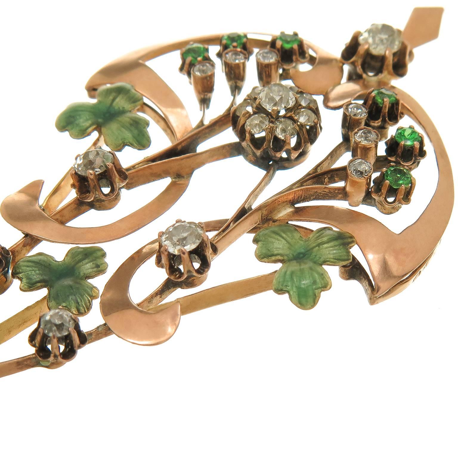 Art Nouveau Russian Demantoid Garnet Diamond Gold Pendant For Sale
