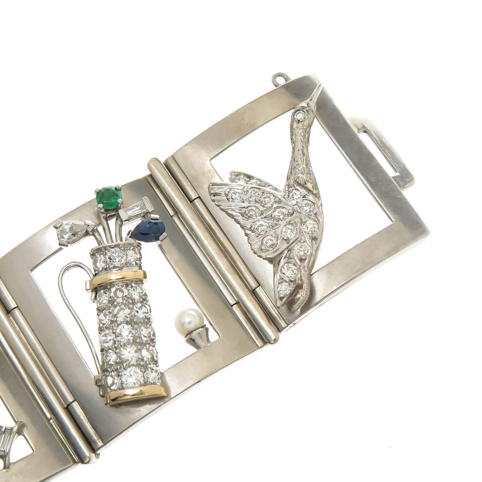 Women's 1940s Raymond Yard Gem Set Platinum Panel Charm Bracelet For Sale