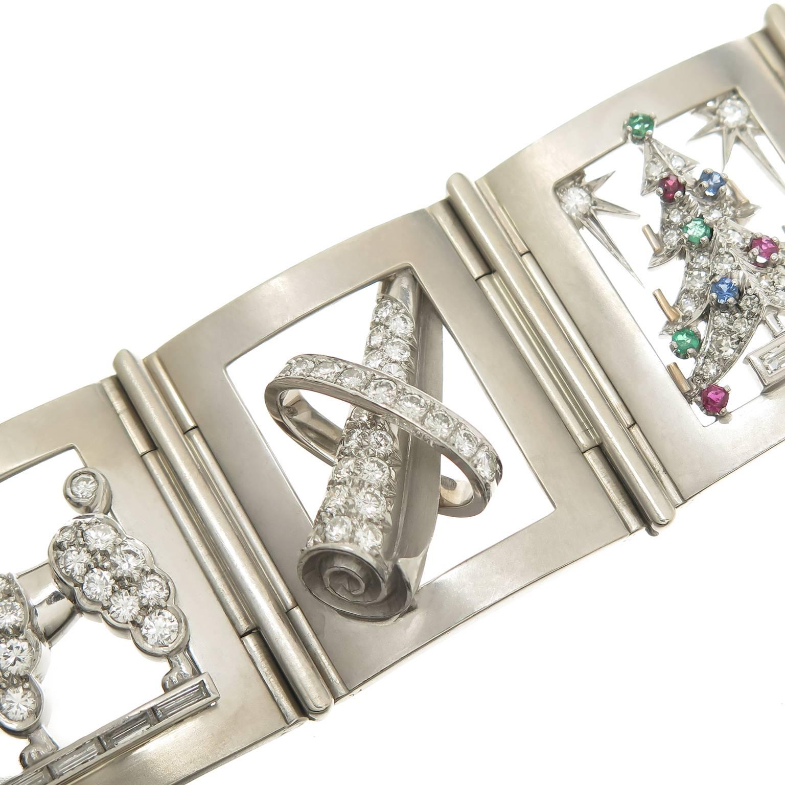 Art Deco 1940s Raymond Yard Gem Set Platinum Panel Charm Bracelet For Sale