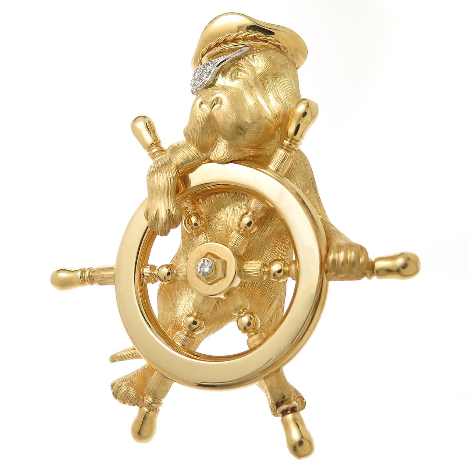 Circa 2000 Henry Dunay Large, Heavy 18K yellow Gold and Platinum Whimsical Sea Dog Captain Brooch, measuring 2 1/8 inch in height and 2 inch wide. Very Finely detailed and textured and further accented with Diamonds in the Eye patch and in the