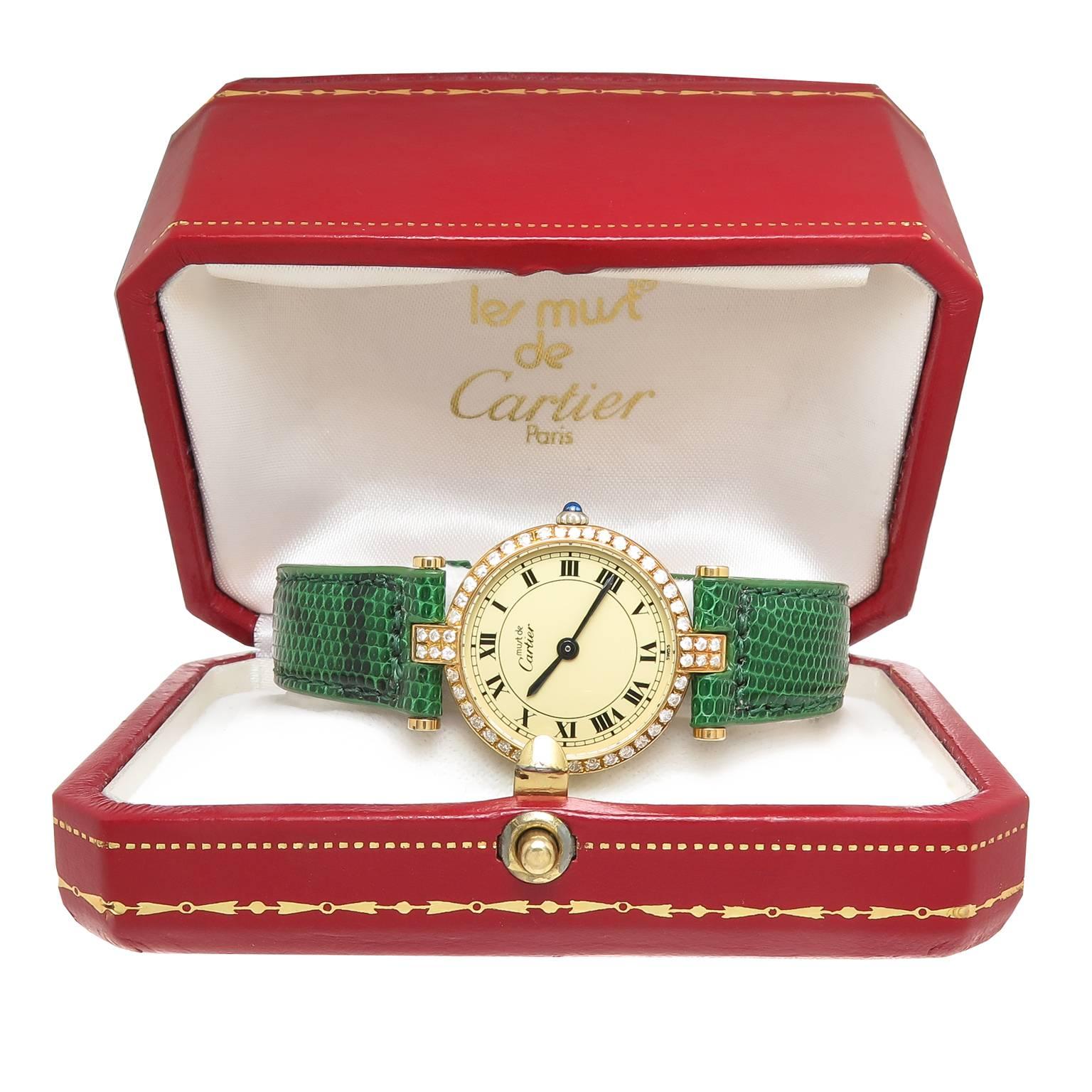 Women's or Men's Cartier Vermeil Diamonds Vendome Quartz Wristwatch