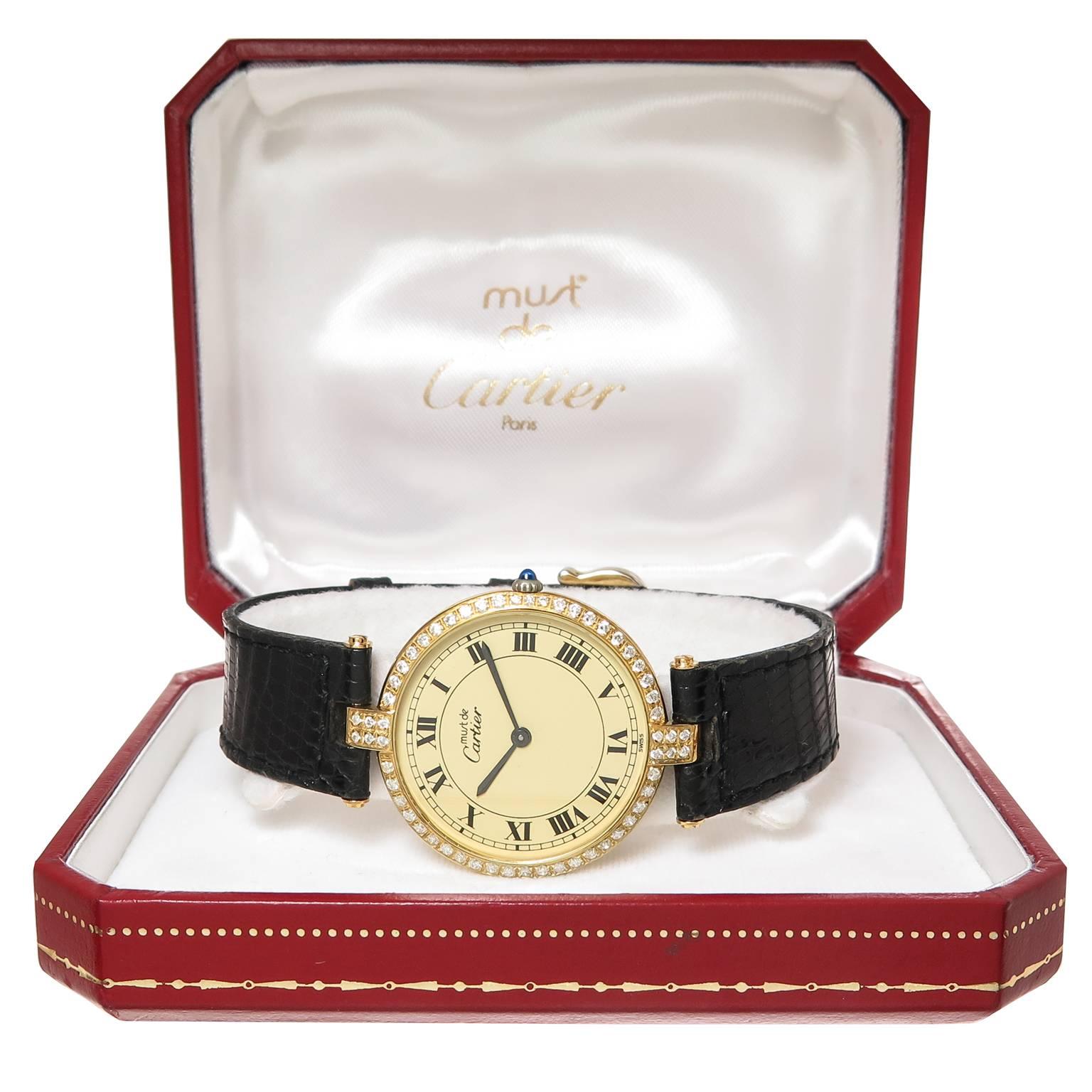 Women's or Men's Cartier Vermeil Diamonds Vendome Wristwatch 