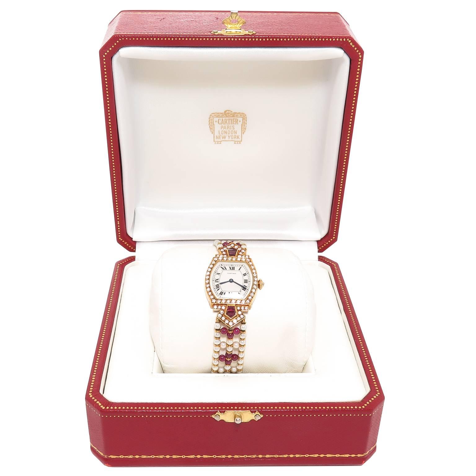 Cartier Lady's Yellow Gold Diamond Ruby Pearl Tortue Wristwatch  In Excellent Condition In Chicago, IL