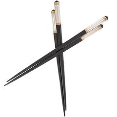 Christofle Boxed 2 Sets of Ebony and Silver Chopsticks