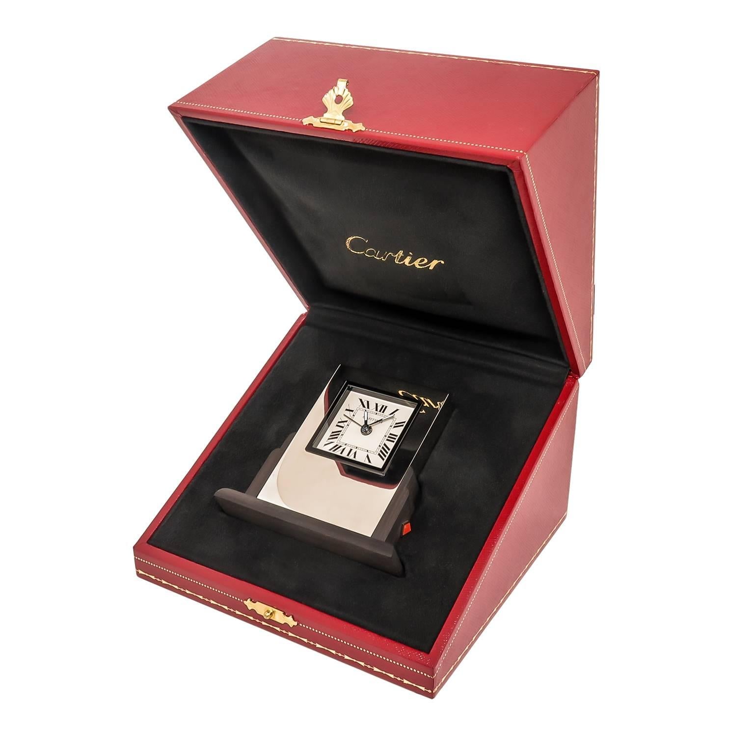 1990s Cartier Silver Plate Quartz Stone Set Desk Clock with Alarm In Excellent Condition In Chicago, IL